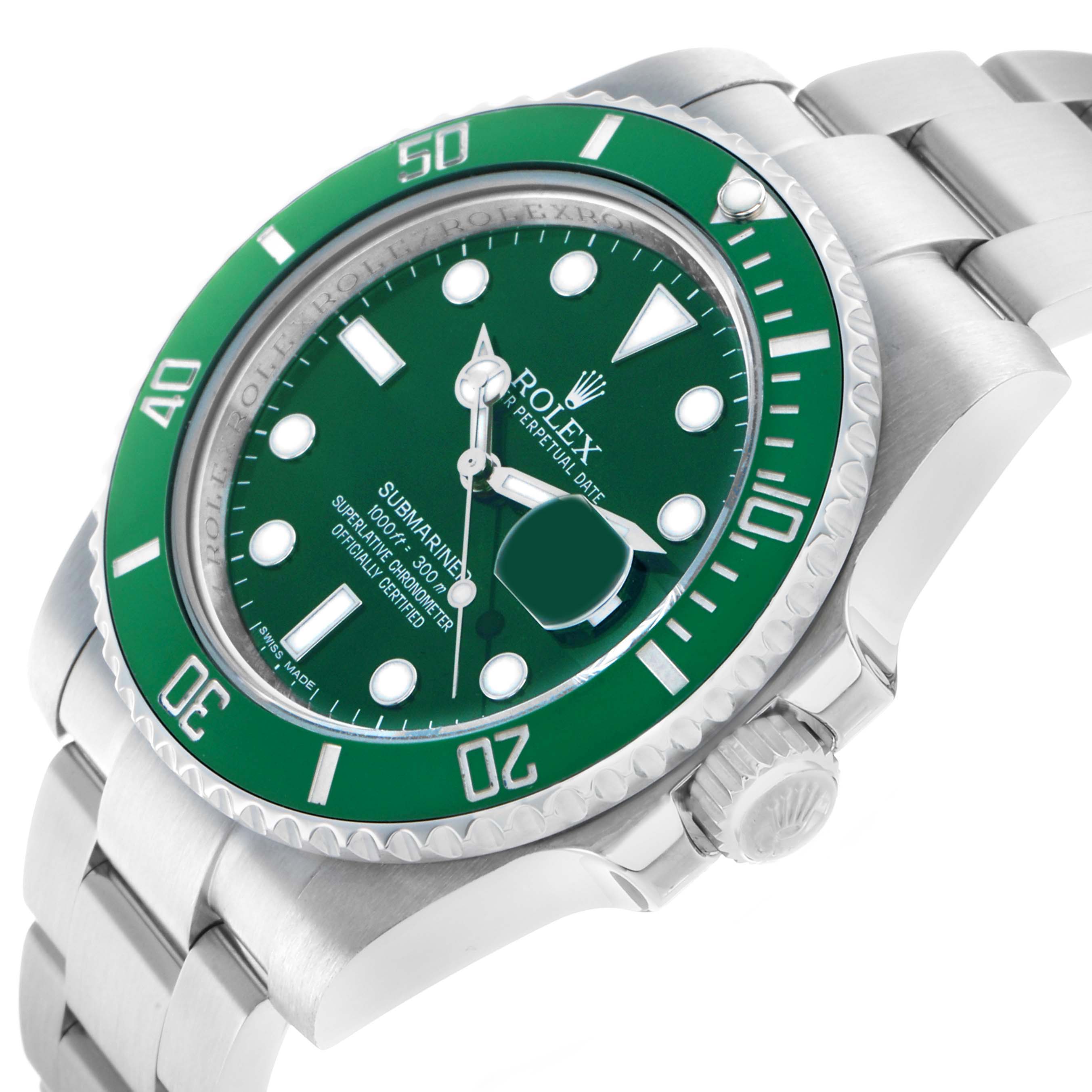 The Rolex Submariner 116610LV Men's Stainless Steel Green Dial watch is shown at an angled view, highlighting the green bezel, dial, crown, and stainless steel bracelet.