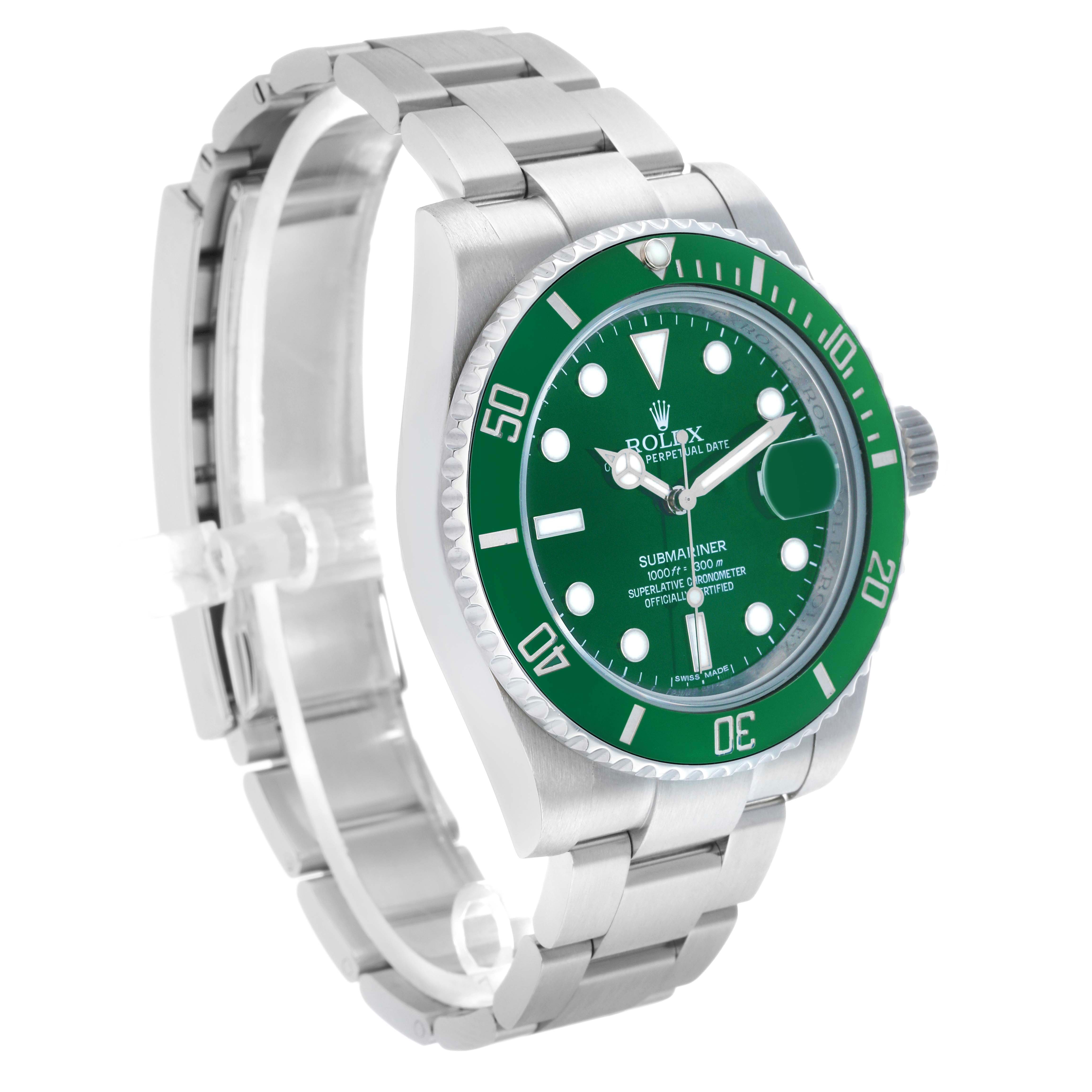 The Rolex Submariner 116610LV Men's Stainless Steel Green Dial is shown at a three-quarter angle, displaying the green dial, bezel, and silver bracelet.