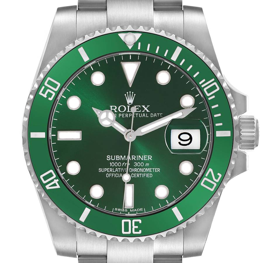 The Rolex Submariner 116610LV Men's Stainless Steel Green Dial is shown from a front angle, displaying the dial, bezel, and part of the bracelet.