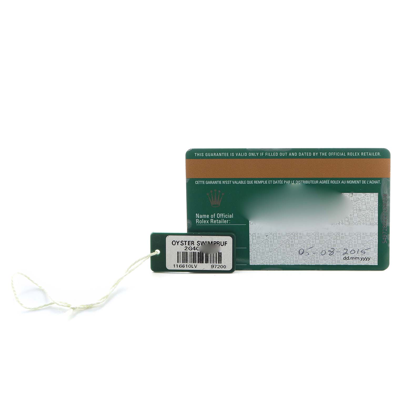 The image shows a warranty card and a tag for the Rolex Submariner 116610LV Men's Stainless Steel Green Dial, viewed from the front.