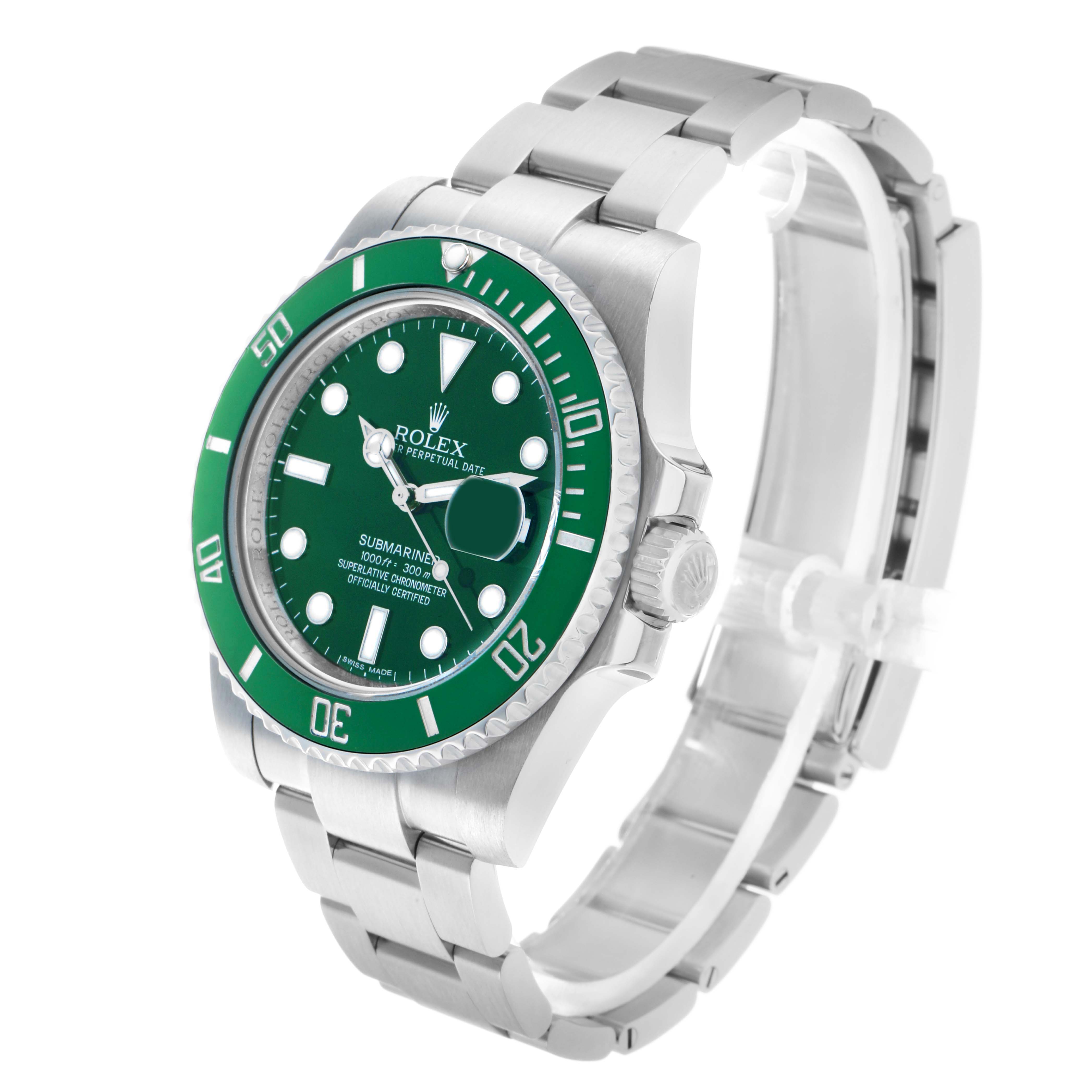 The Rolex Submariner 116610LV Men's Stainless Steel Green Dial is shown at a three-quarter angle, displaying the green dial, bezel, and stainless steel bracelet.
