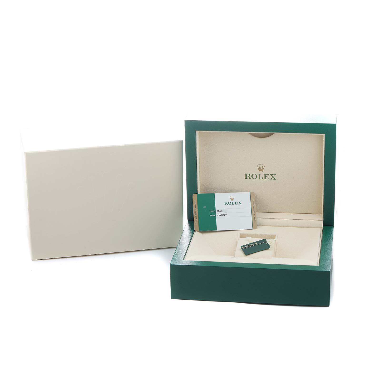 The image shows the packaging and accessories for a Rolex Submariner 116610LV Men's Stainless Steel Green Dial, including an open green box and a warranty card.
