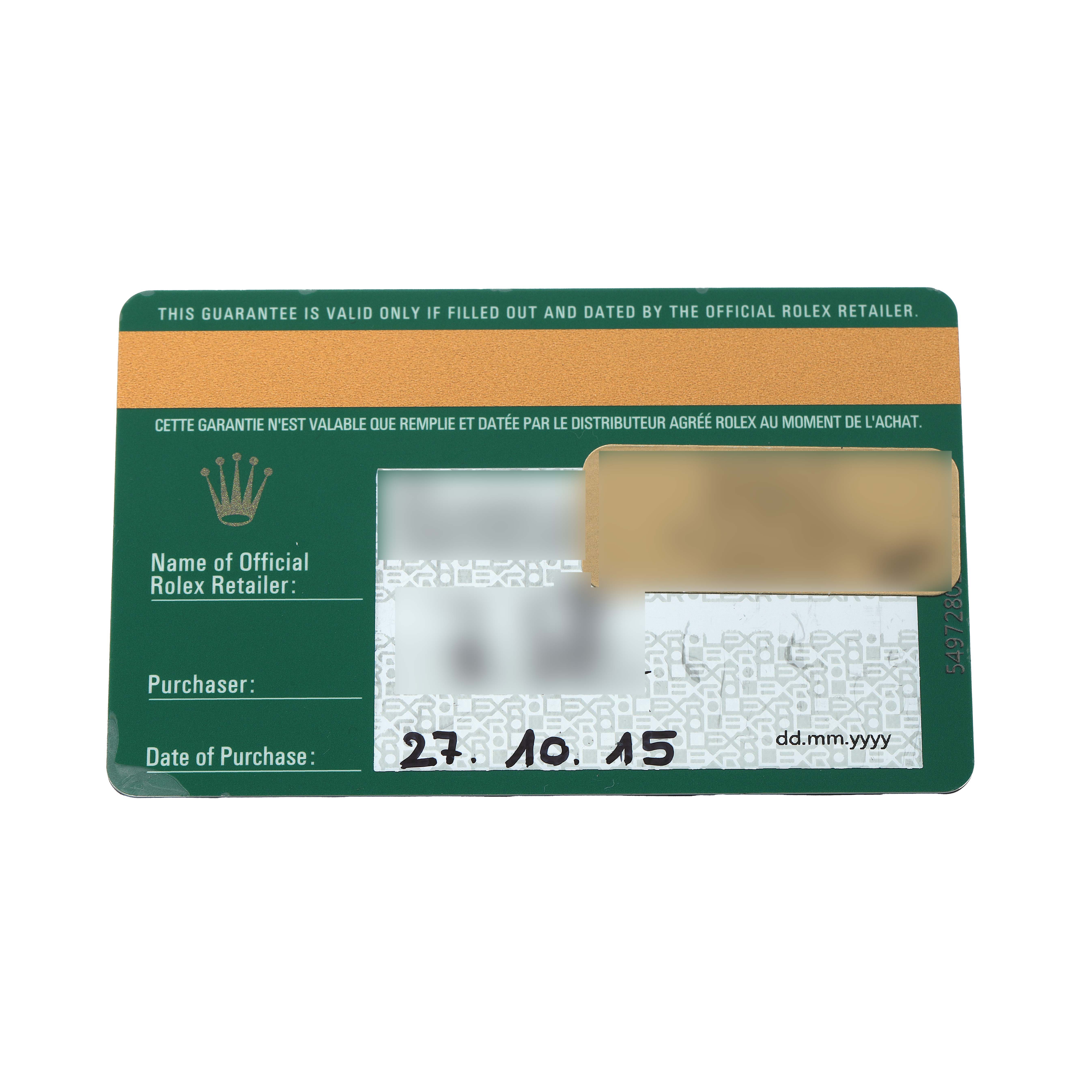 The image shows a warranty card for a Rolex Submariner 116610LV Men's Stainless Steel Green Dial, viewed from a top-down angle.