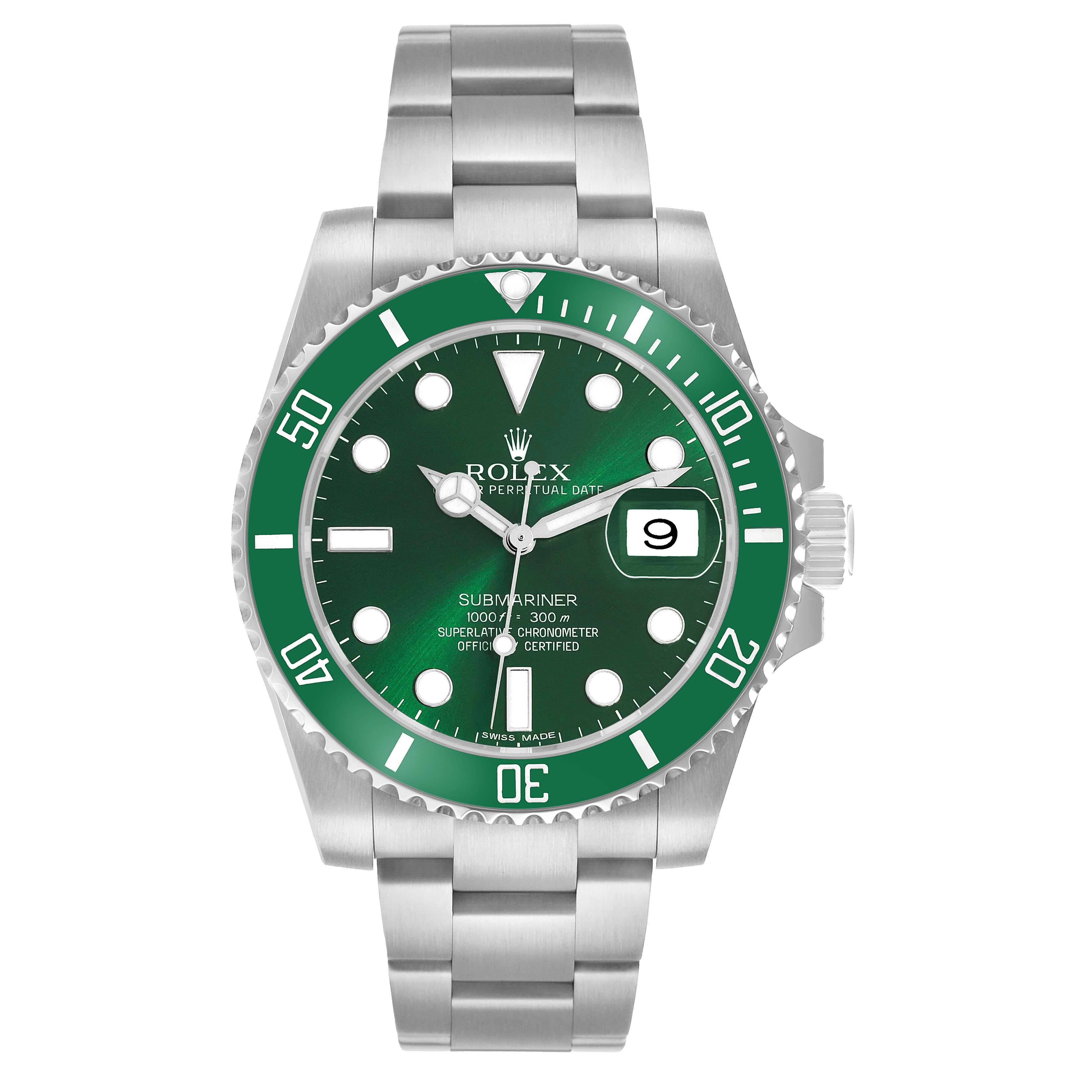 The Rolex Submariner 116610LV Men's Stainless Steel Green Dial watch is shown from a front angle, displaying its face, bezel, and bracelet.