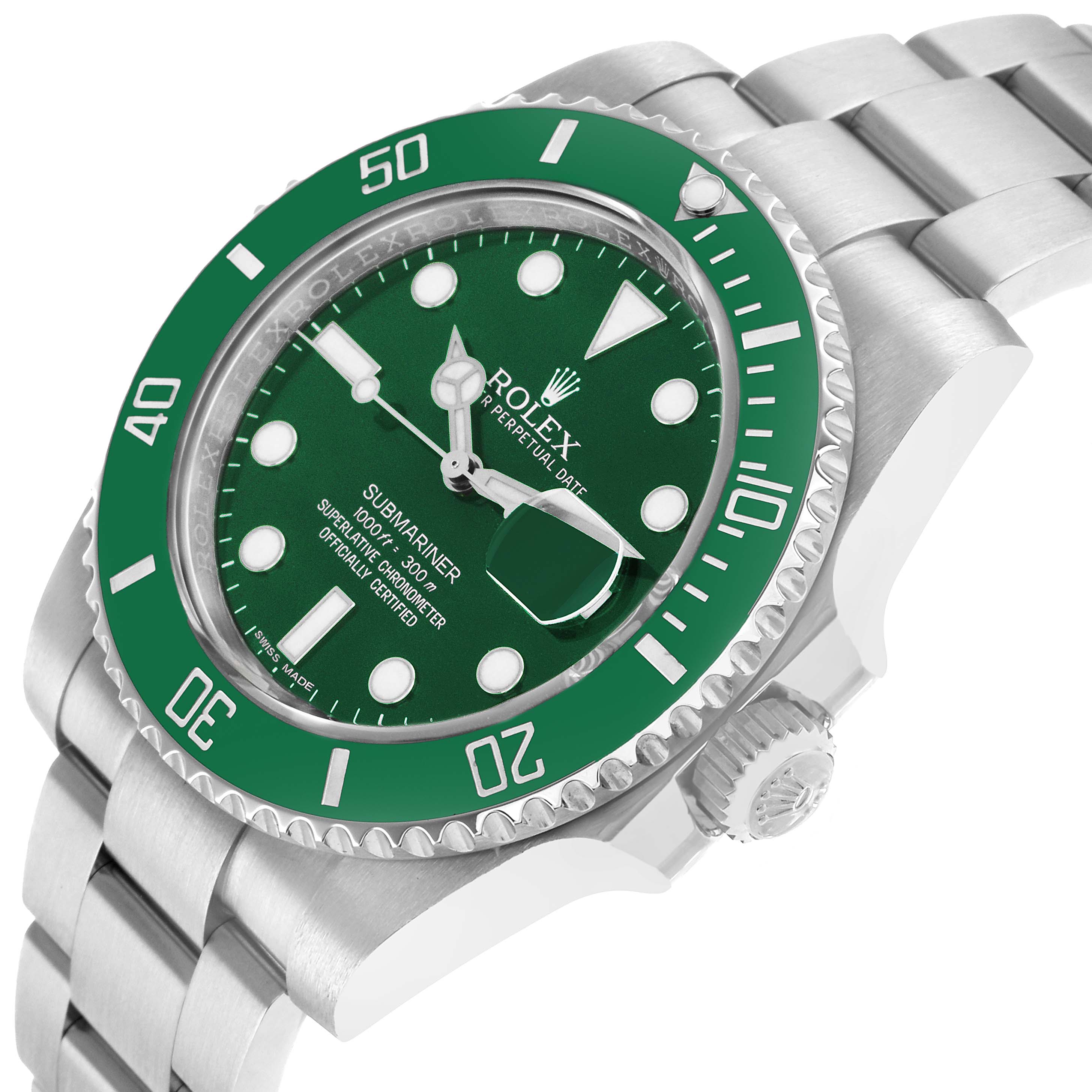 The Rolex Submariner 116610LV Men's Stainless Steel Green Dial watch is shown at a three-quarter angle, highlighting the dial, bezel, and part of the bracelet.