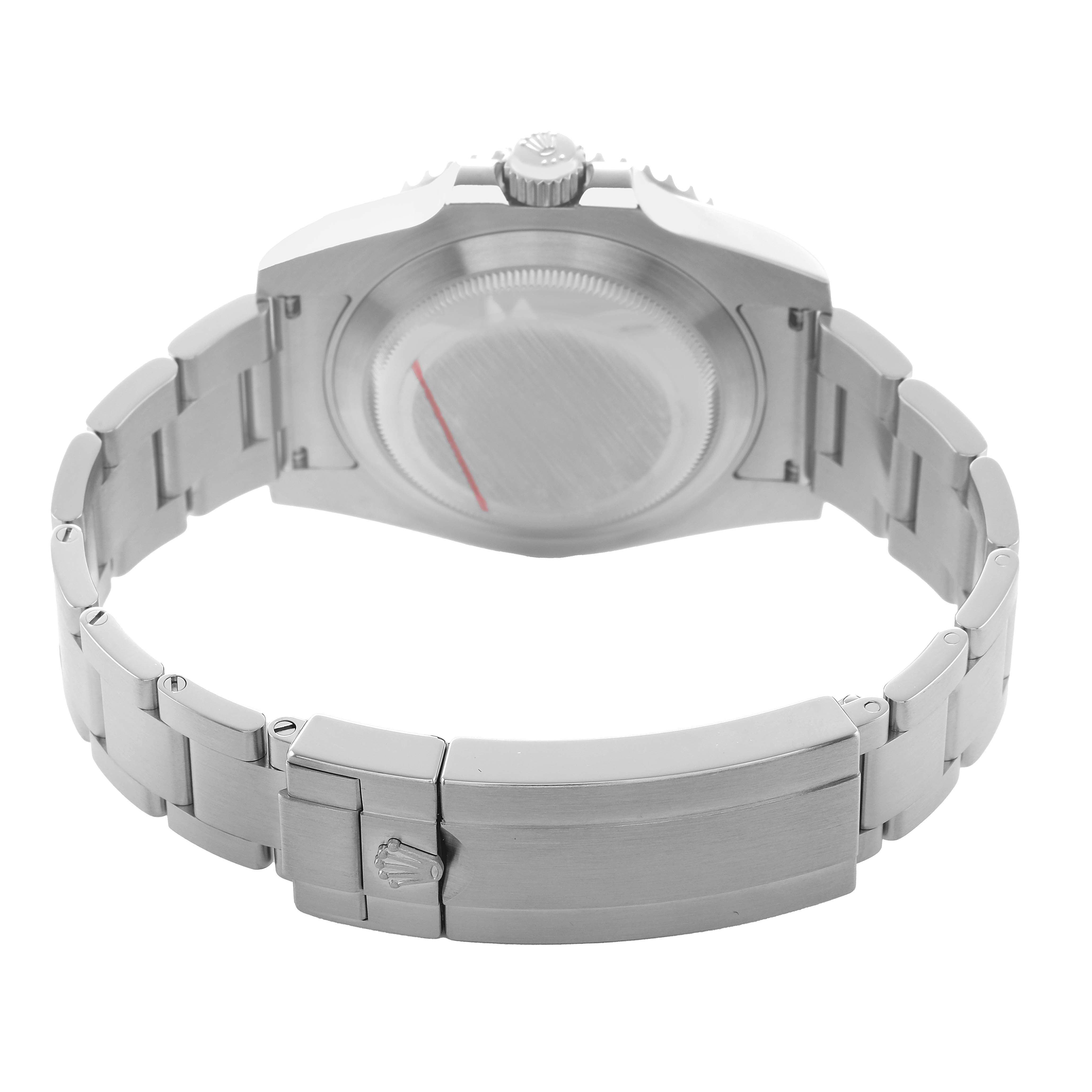 The image shows the back and bracelet of a Rolex Submariner 116610LV Men's Stainless Steel Green Dial, highlighting the clasp and case back details.