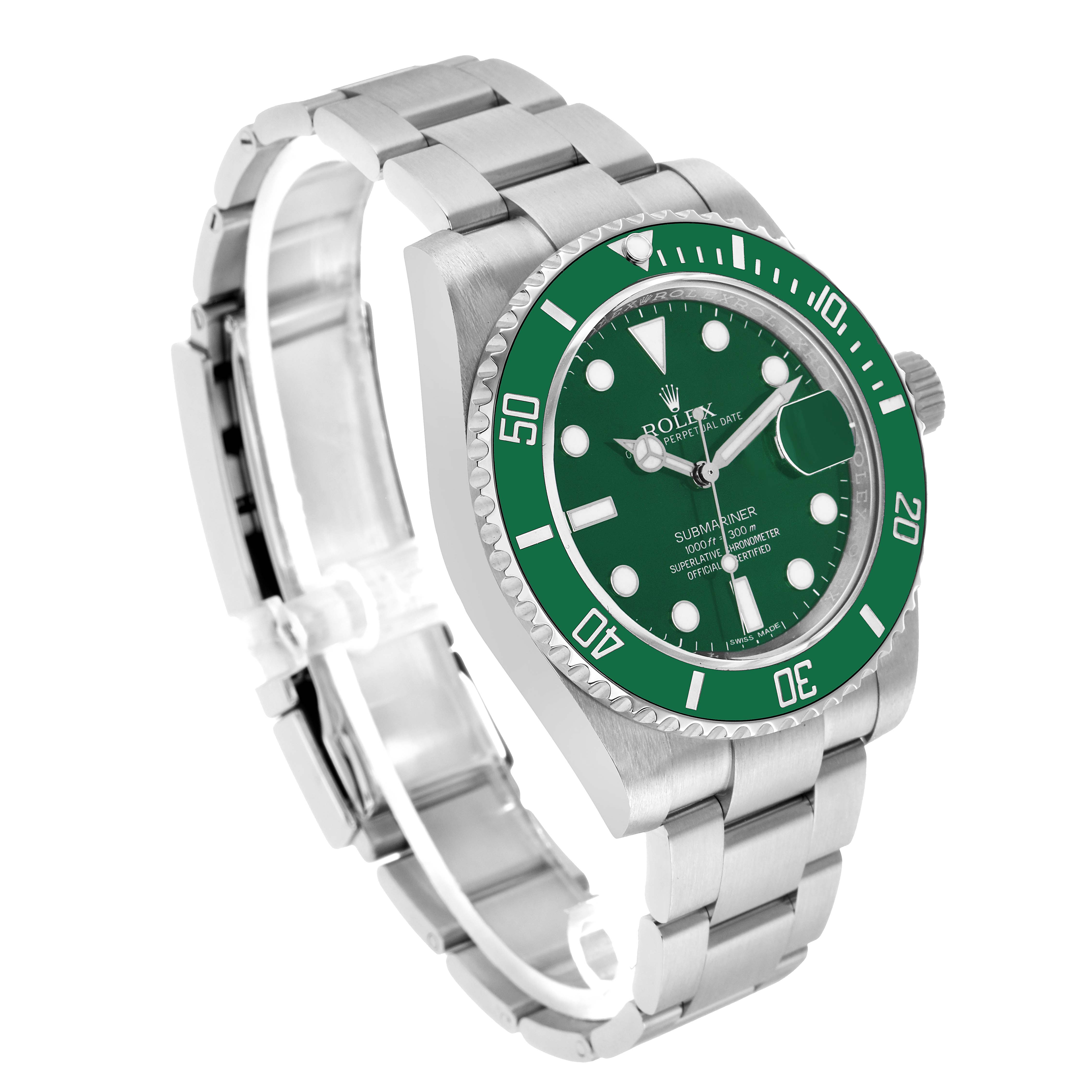 The Rolex Submariner 116610LV Men's Stainless Steel Green Dial watch is shown at a three-quarter angle, highlighting the bezel, dial, and bracelet clearly.