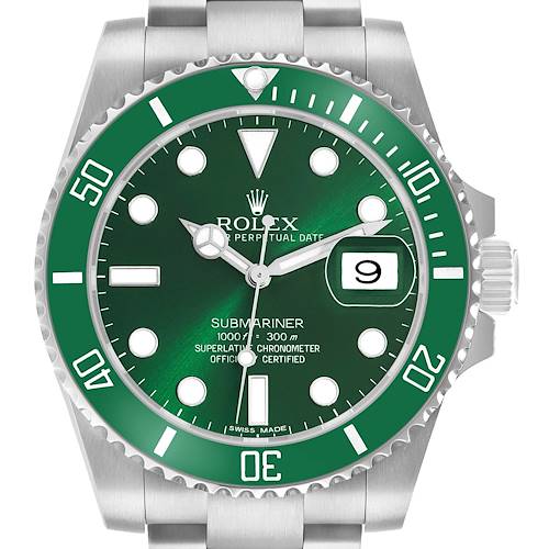 The Rolex Submariner 116610LV Men's Stainless Steel Green Dial watch is shown from a front angle, highlighting the green dial, bezel, and crown.