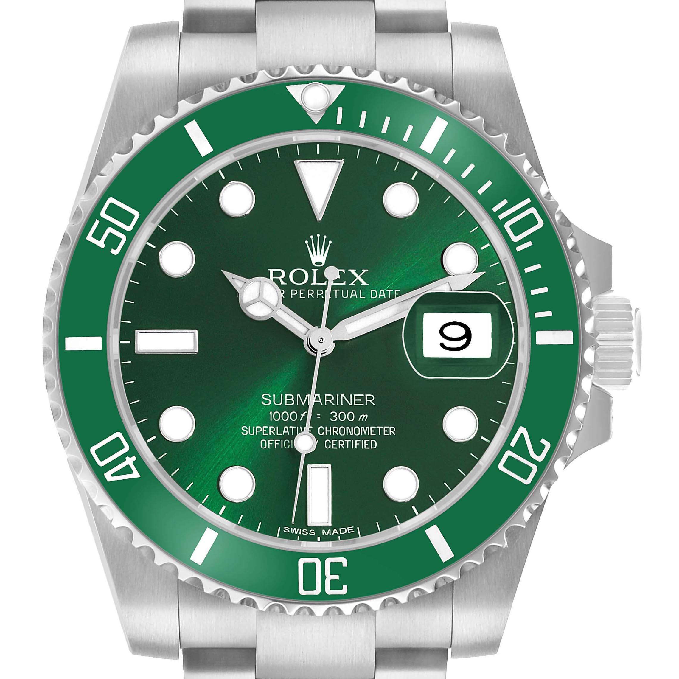 The image shows a front view of the Rolex Submariner 116610LV Men's Stainless Steel Green Dial watch, highlighting the green bezel, dial, and date window.