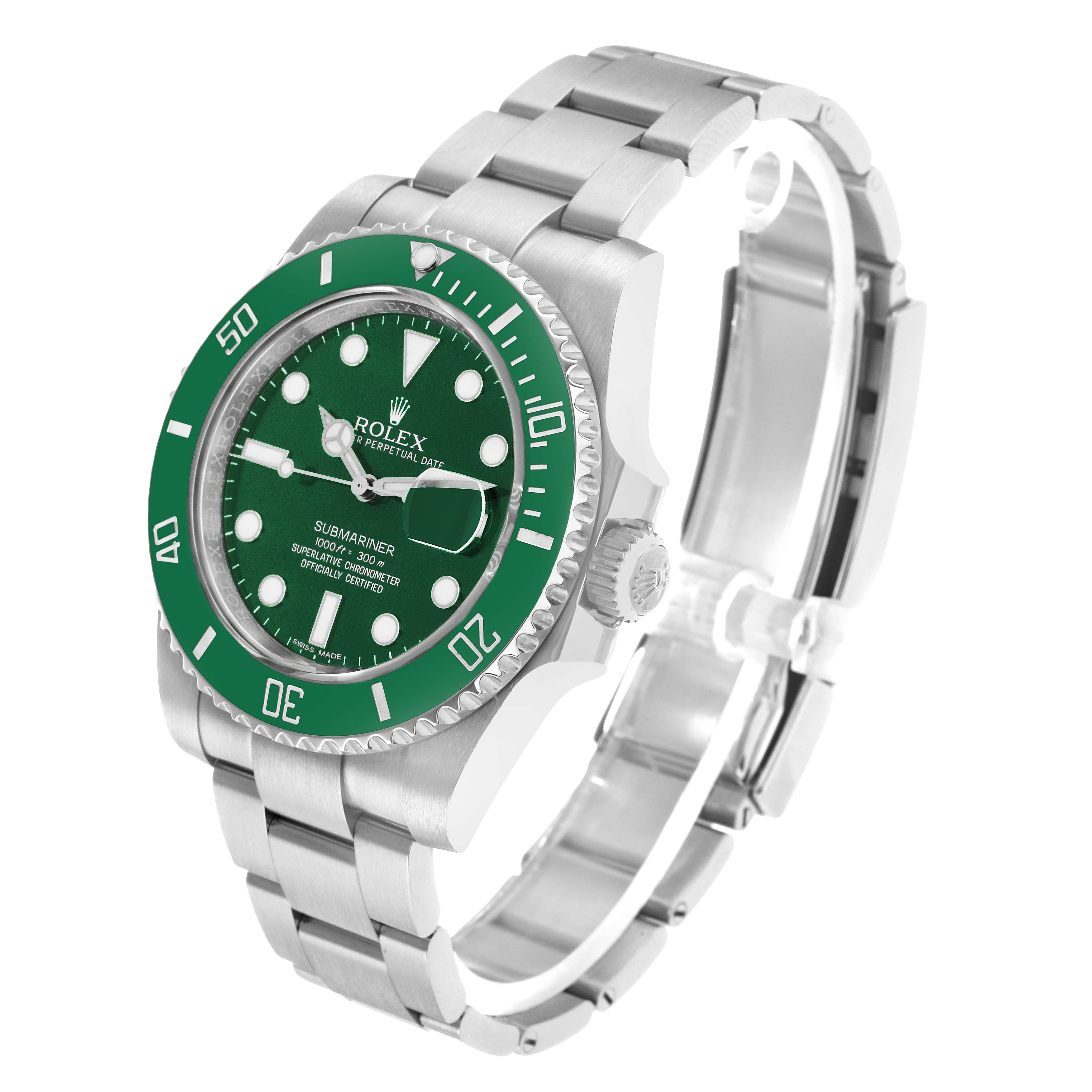 The Rolex Submariner 116610LV Men's Stainless Steel Green Dial is shown at a three-quarter angle, displaying the bezel, dial, crown, and bracelet clearly.