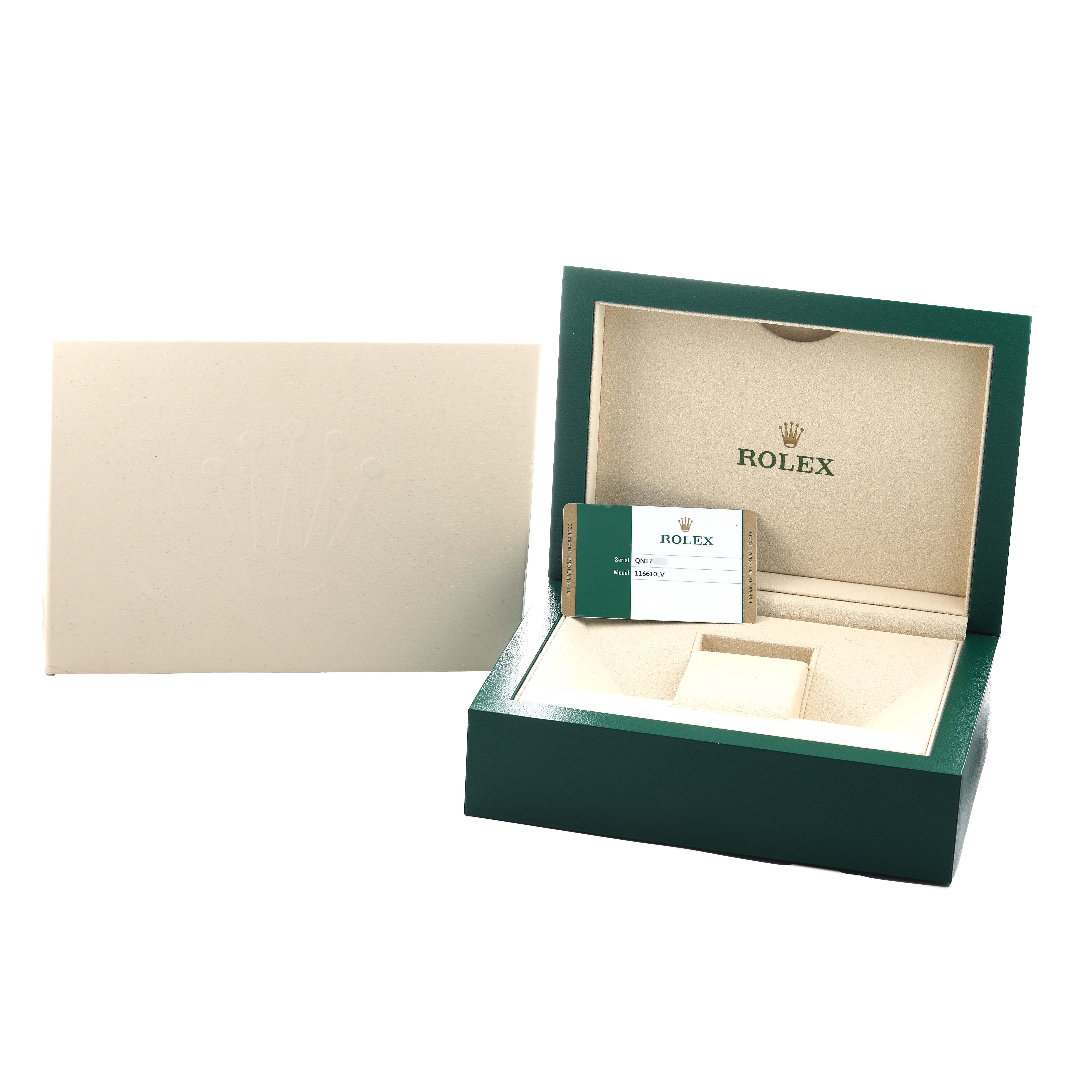 The image shows the open box for a Rolex Submariner 116610LV Men's Stainless Steel Green Dial, with an outer box and a card inside.