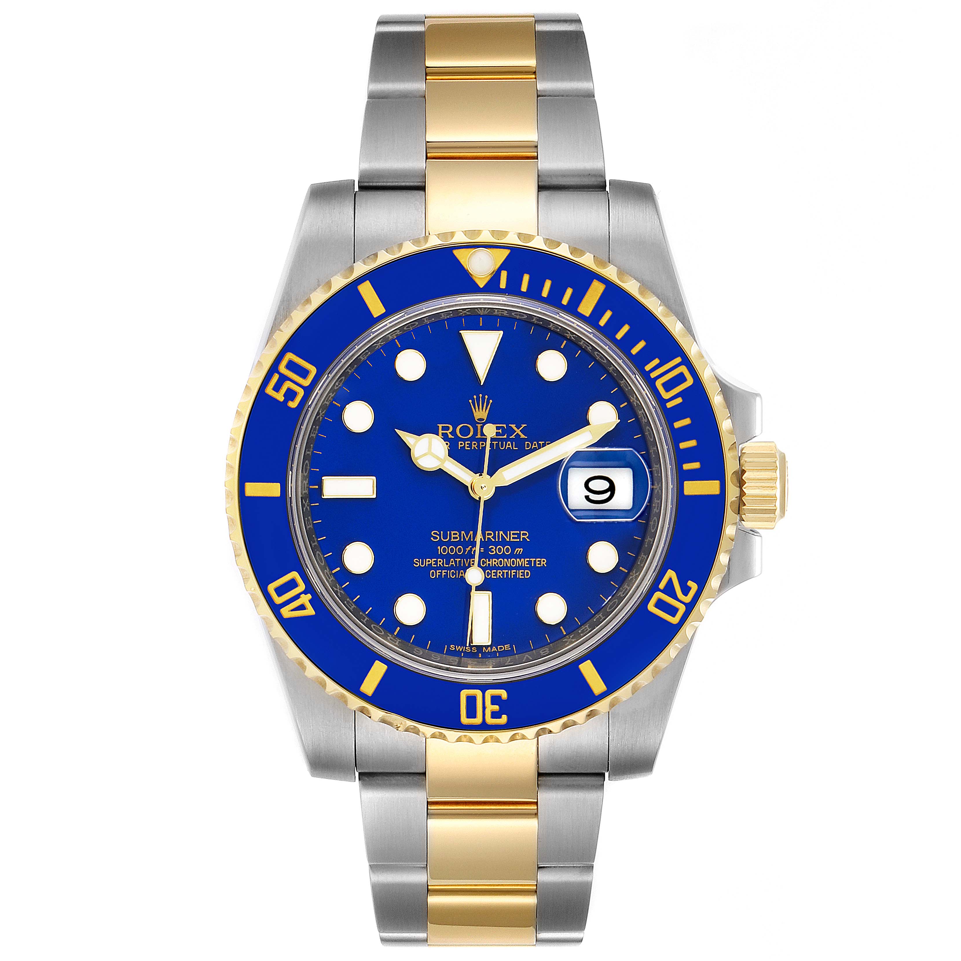 The Rolex Submariner 116613 Men's Steel and Gold (two tone) Blue Dial 116613 Men's Steel and Gold (two tone) Blue Dial watch is shown from a front angle, displaying its blue dial, bezel, and two-tone band.