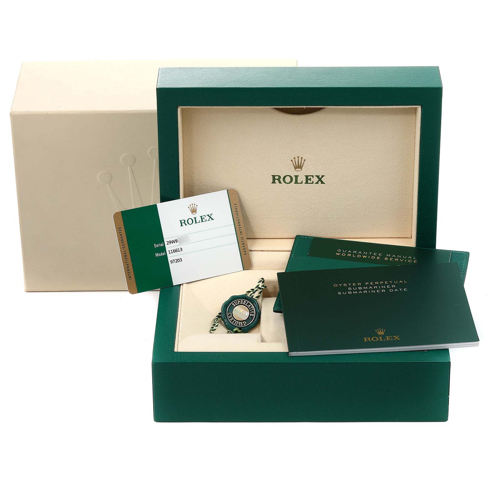 The image shows a Rolex Submariner 116613 Men's Steel and Gold (two tone) Blue Dial 116613 Men's Steel and Gold (two tone) Blue Dial watch packaging including the box, warranty card, manuals, and tag, viewed from the front.