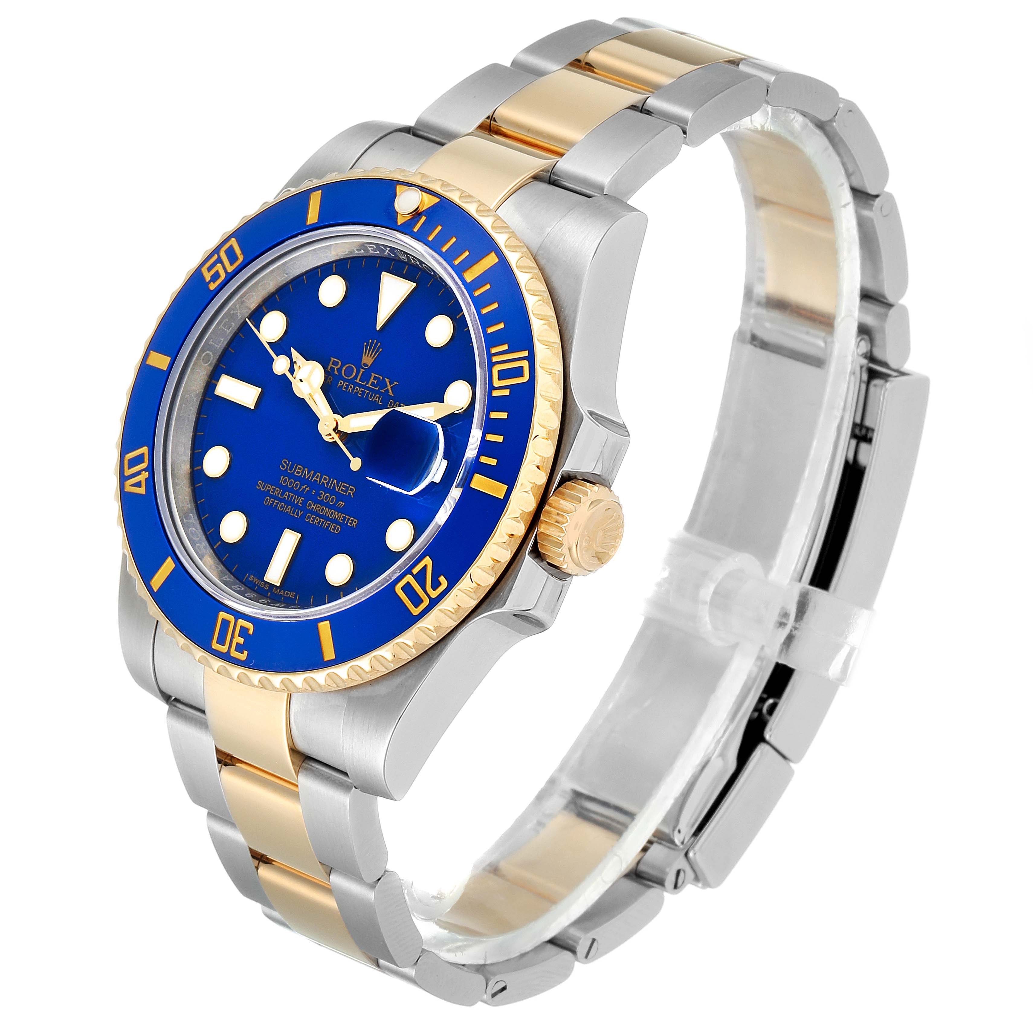 This image shows a side angle view of the Rolex Submariner 116613 Men's Steel and Gold (two tone) Blue Dial 116613 Men's Steel and Gold (two tone) Blue Dial watch, highlighting the blue dial, bezel, and the two-tone bracelet.
