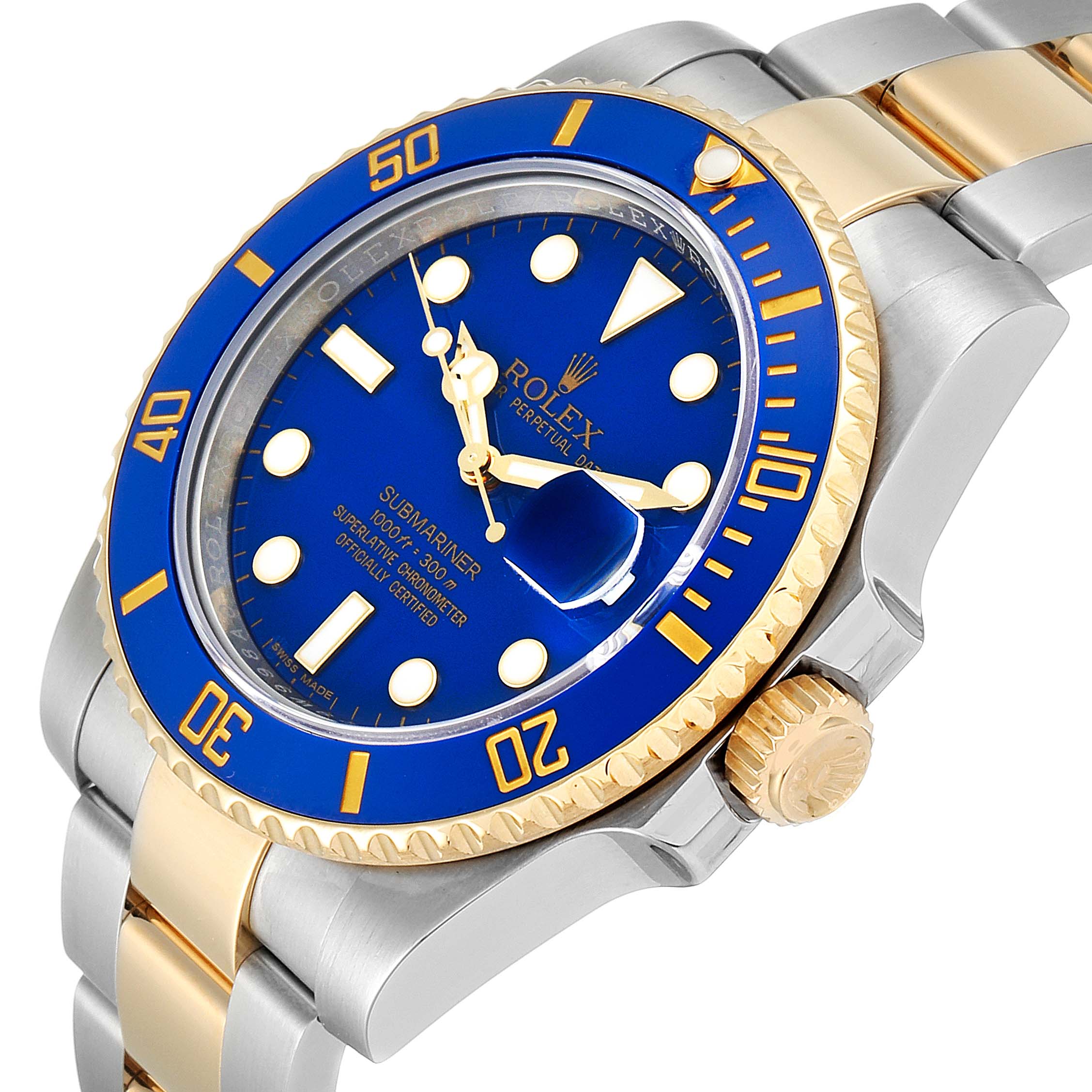 The image shows a Rolex Submariner 116613 Men's Steel and Gold (two tone) Blue Dial 116613 Men's Steel and Gold (two tone) Blue Dial from an angled side view, highlighting the blue dial, bezel, and two-tone bracelet.