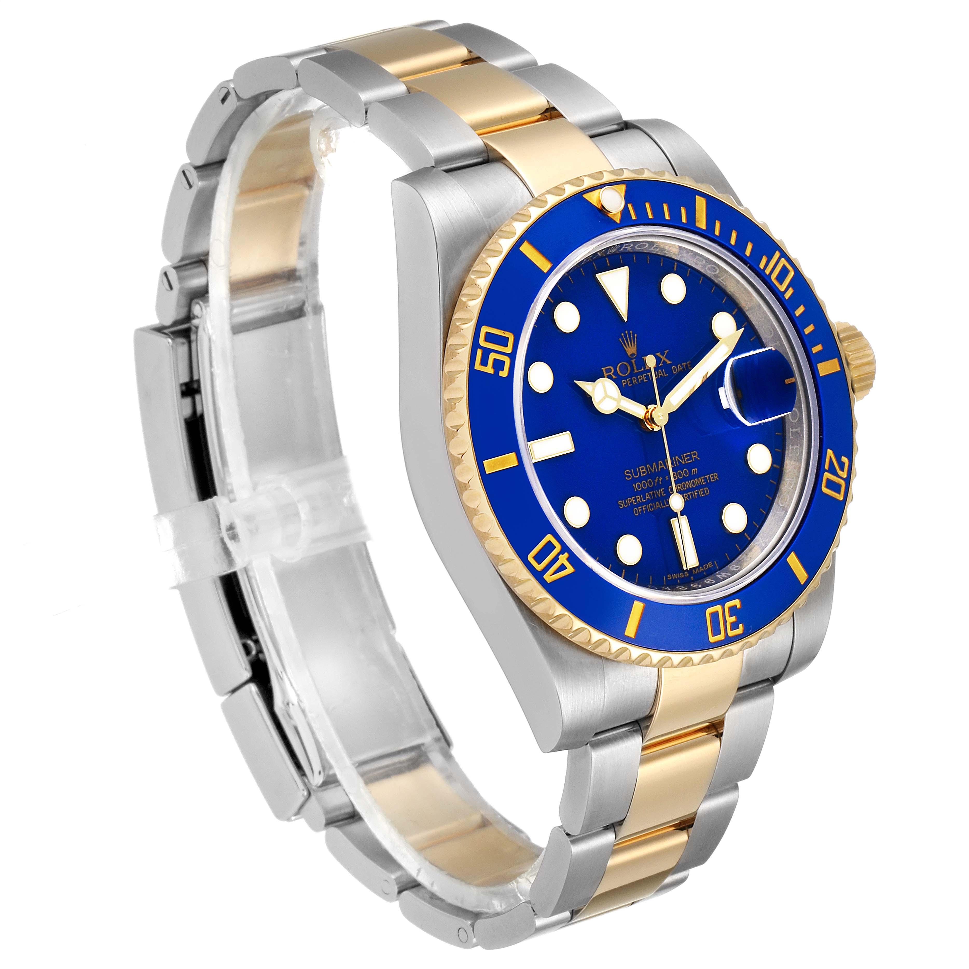 The image shows a side angle of a Rolex Submariner 116613 Men's Steel and Gold (two tone) Blue Dial 116613 Men's Steel and Gold (two tone) Blue Dial watch, highlighting the blue dial, yellow gold bezel, and two-tone bracelet.