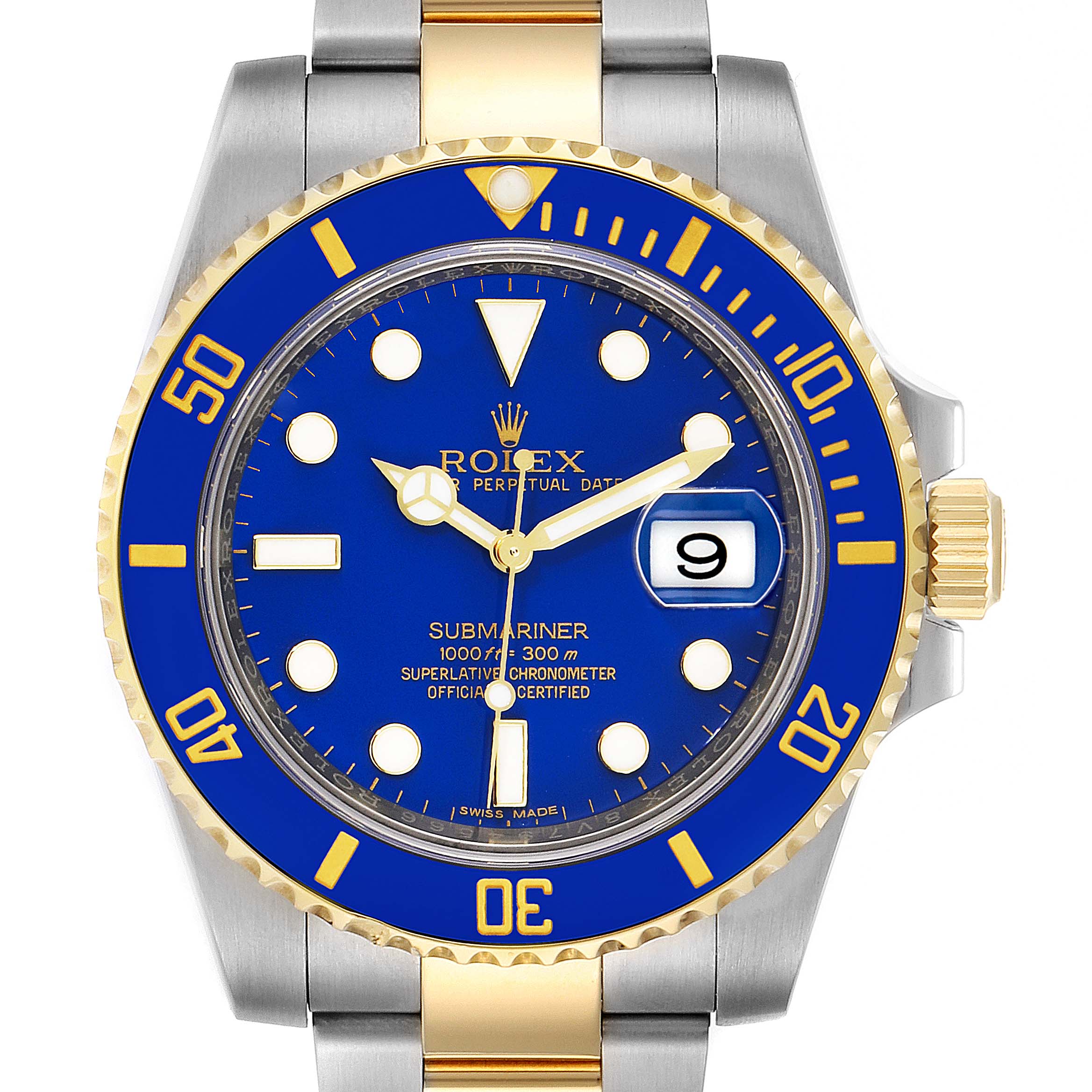 The image shows a frontal view of the Rolex Submariner 116613 Men's Steel and Gold (two tone) Blue Dial 116613 Men's Steel and Gold (two tone) Blue Dial with a blue dial, yellow gold detailing, and a date window.