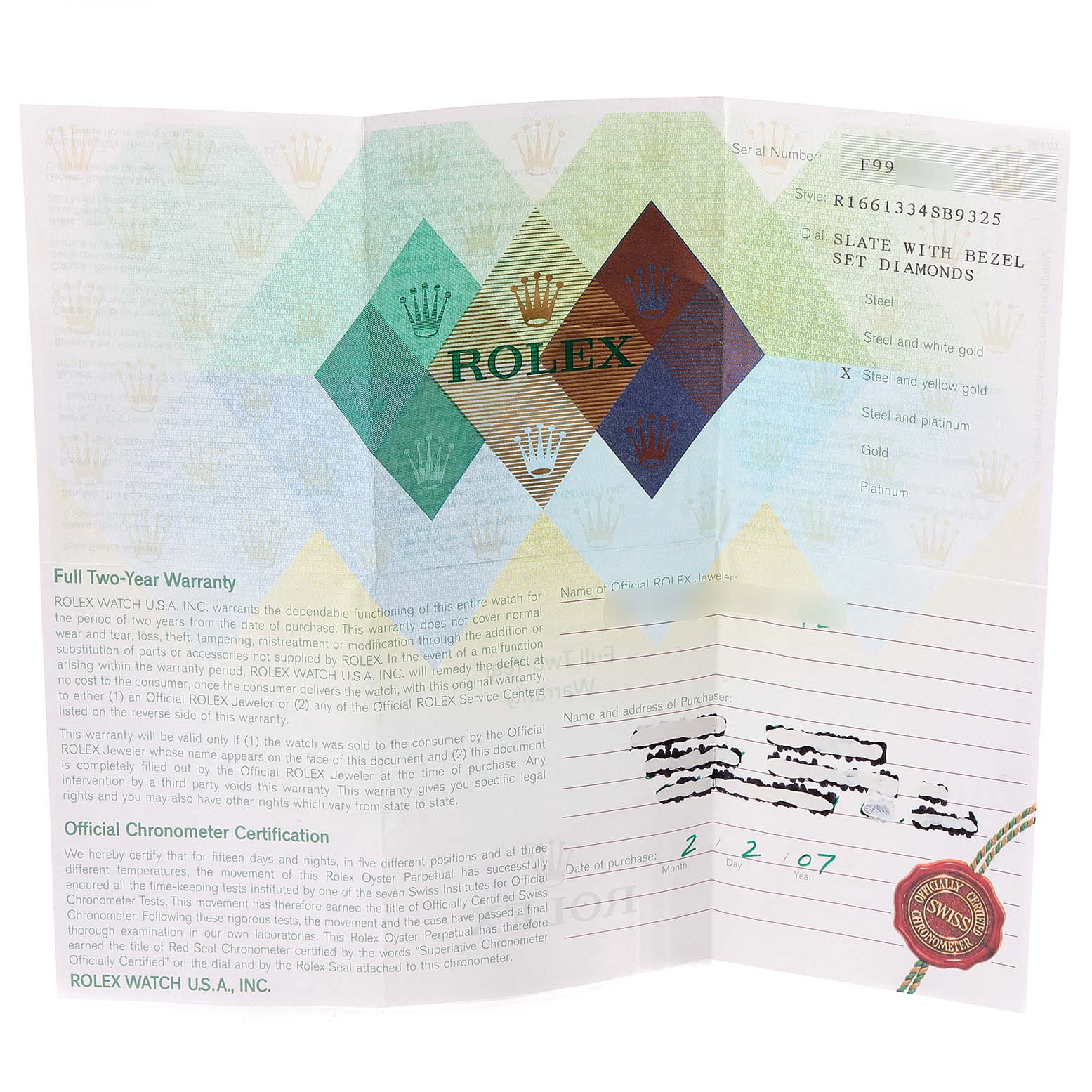 This image shows the warranty card and certification documents for a Rolex Submariner 16613 Men's Steel and Gold (two tone) Grey Dial 16613 Men's Steel and Gold (two tone) Grey Dial watch.