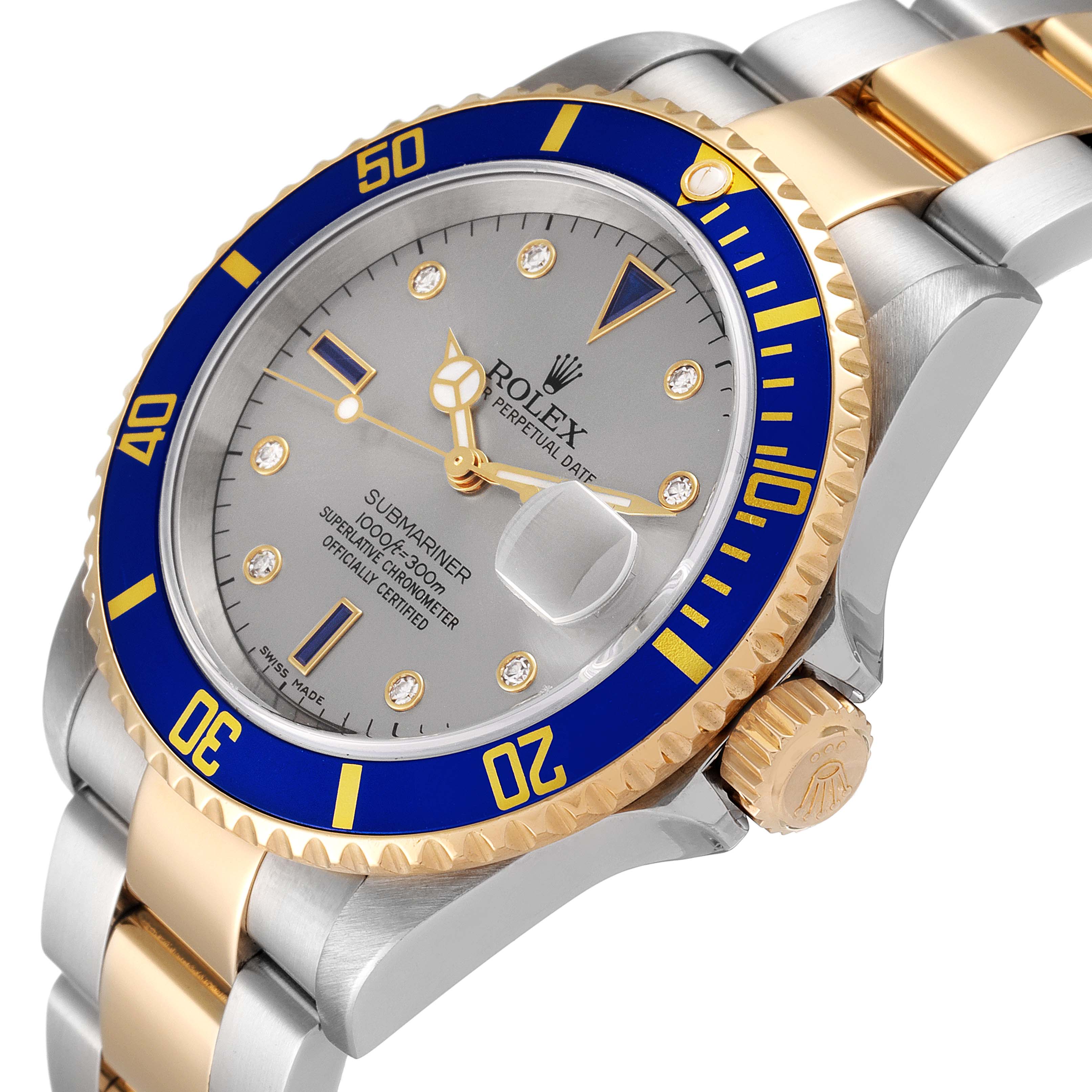 The Rolex Submariner 16613 Men's Steel and Gold (two tone) Grey Dial 16613 Men's Steel and Gold (two tone) Grey Dial watch is shown from a slightly tilted angle, highlighting the face, bezel, crown, and part of the bracelet.