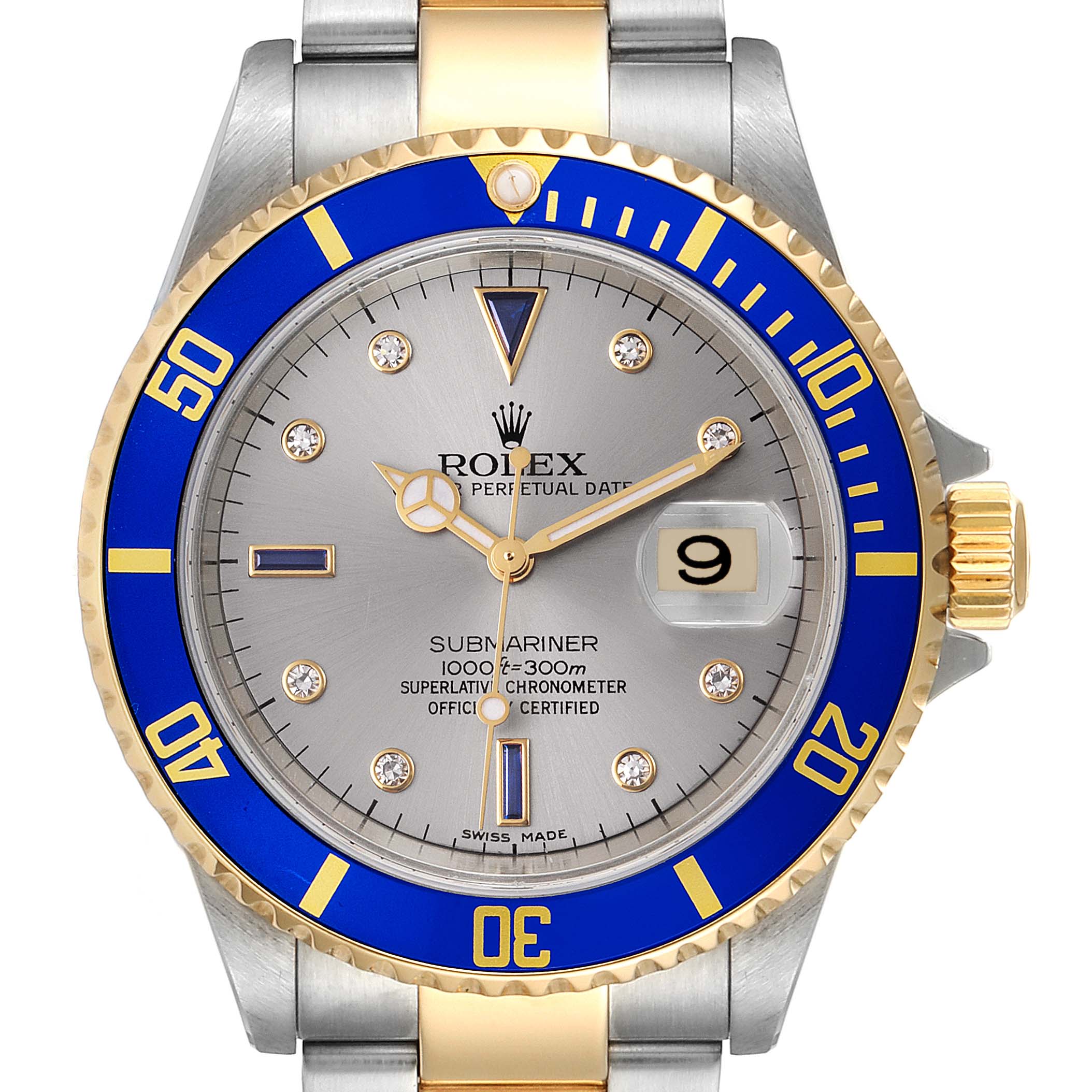 This image shows a frontal view of a Rolex Submariner 16613 Men's Steel and Gold (two tone) Grey Dial 16613 Men's Steel and Gold (two tone) Grey Dial watch, highlighting its blue and gold bezel, dial, and bracelet.