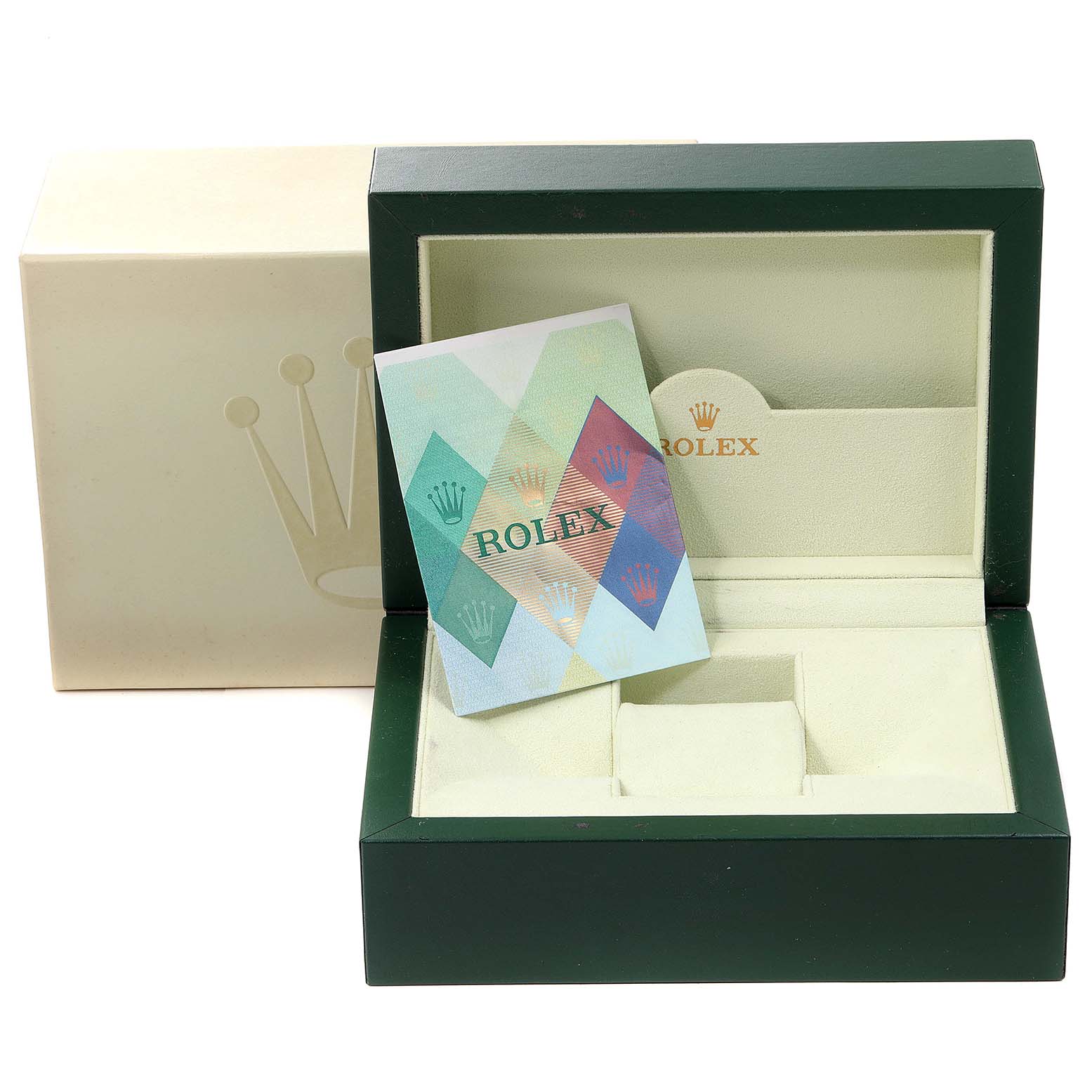 The image shows an open Rolex Submariner 16613 Men's Steel and Gold (two tone) Grey Dial 16613 Men's Steel and Gold (two tone) Grey Dial watch box with its outer box and a colorful booklet inside.