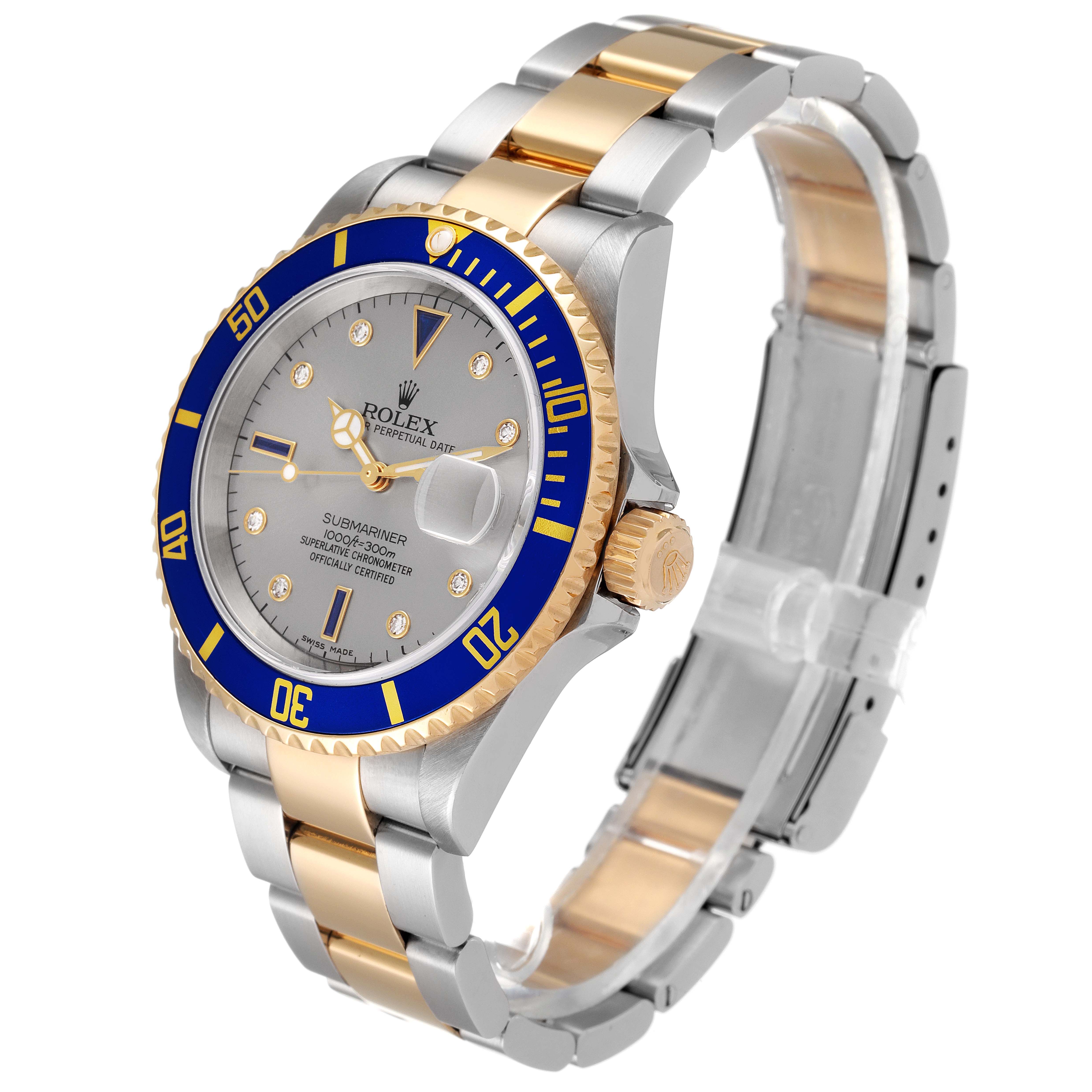 The image shows a Rolex Submariner 16613 Men's Steel and Gold (two tone) Grey Dial 16613 Men's Steel and Gold (two tone) Grey Dial watch at a slight angled view, highlighting the bezel, dial, crown, and bracelet.