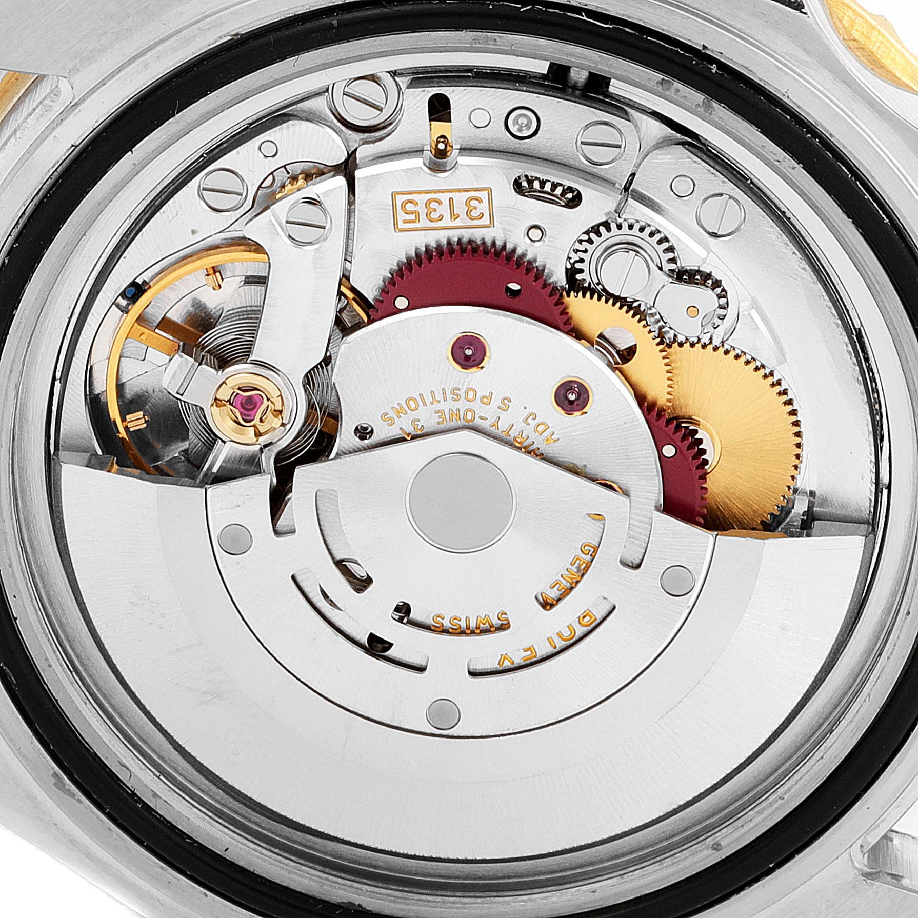 The image shows the internal mechanical movement of a Rolex Submariner 16613 Men's Steel and Gold (two tone) Grey Dial 16613 Men's Steel and Gold (two tone) Grey Dial watch, viewed from the back.