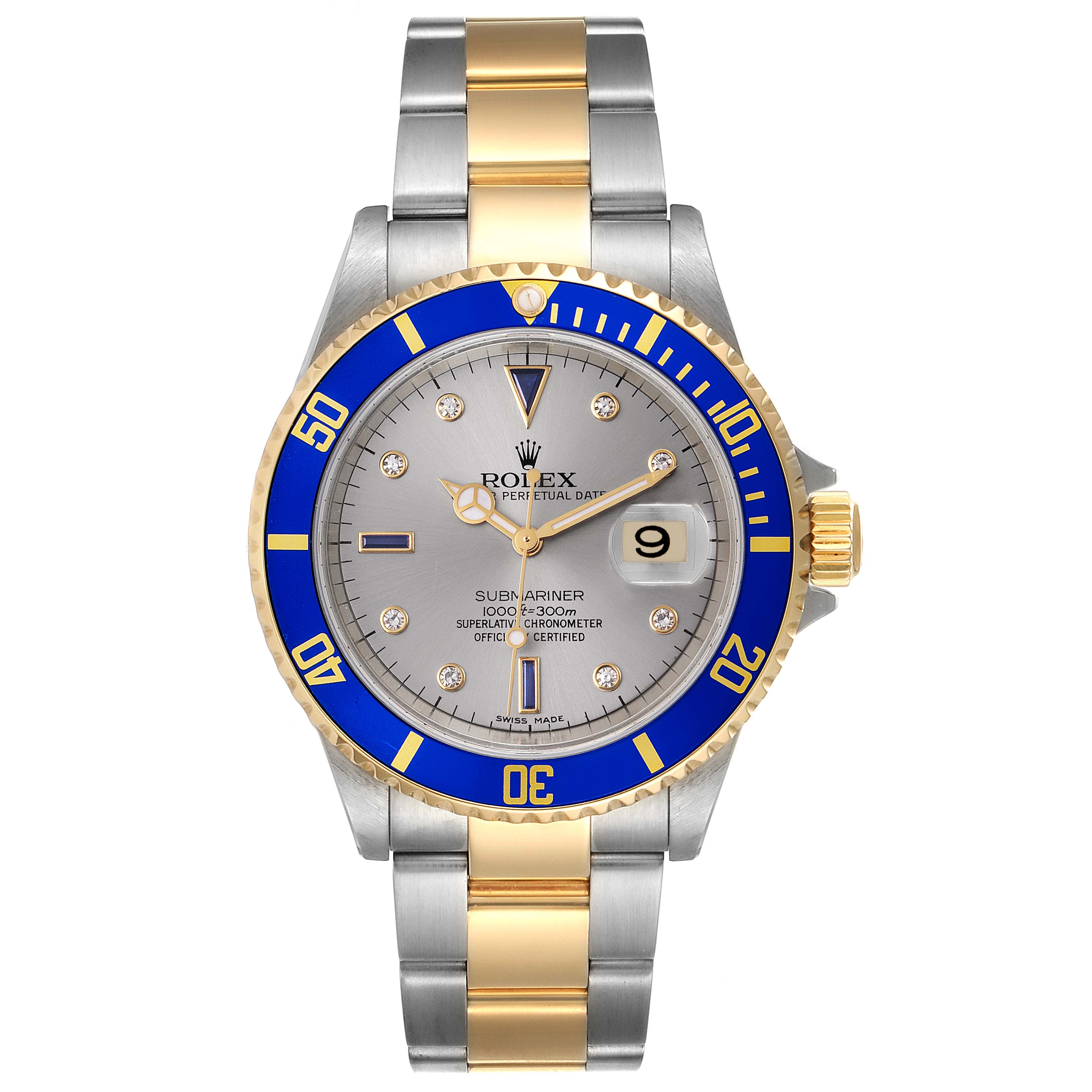 The image shows a front view of the Rolex Submariner 16613 Men's Steel and Gold (two tone) Grey Dial 16613 Men's Steel and Gold (two tone) Grey Dial watch, highlighting its dial, bezel, and bracelet.