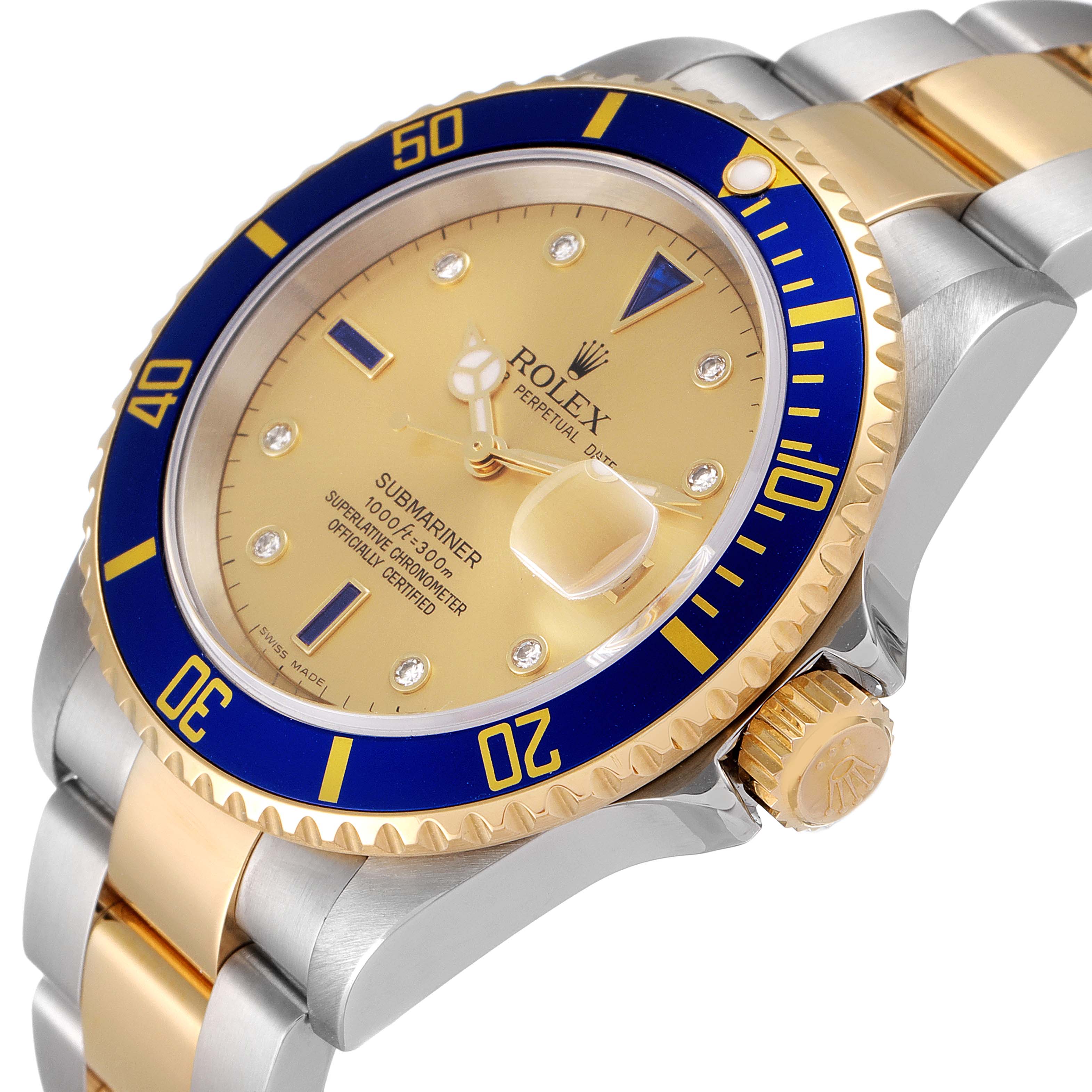 The image shows a close-up angled view of the Rolex Submariner 16613 Men's Steel and Gold (two tone) Champagne Dial 16613 Men's Steel and Gold (two tone) Champagne Dial's face, bezel, crown, and part of the bracelet.