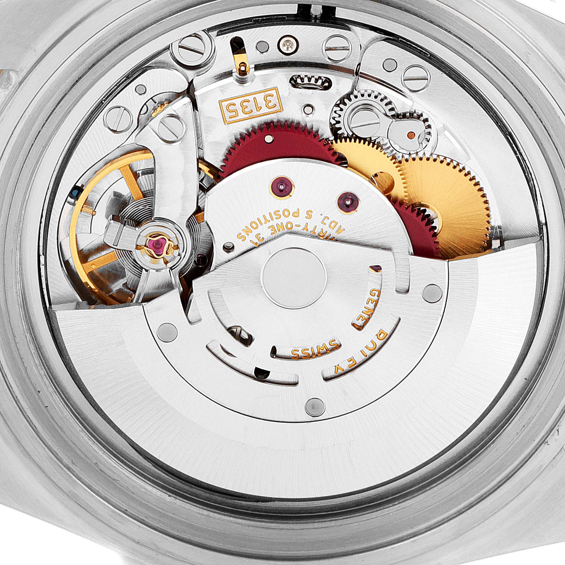 The image shows the internal mechanism of the Rolex Submariner 16613 Men's Steel and Gold (two tone) Champagne Dial 16613 Men's Steel and Gold (two tone) Champagne Dial watch viewed from the back.