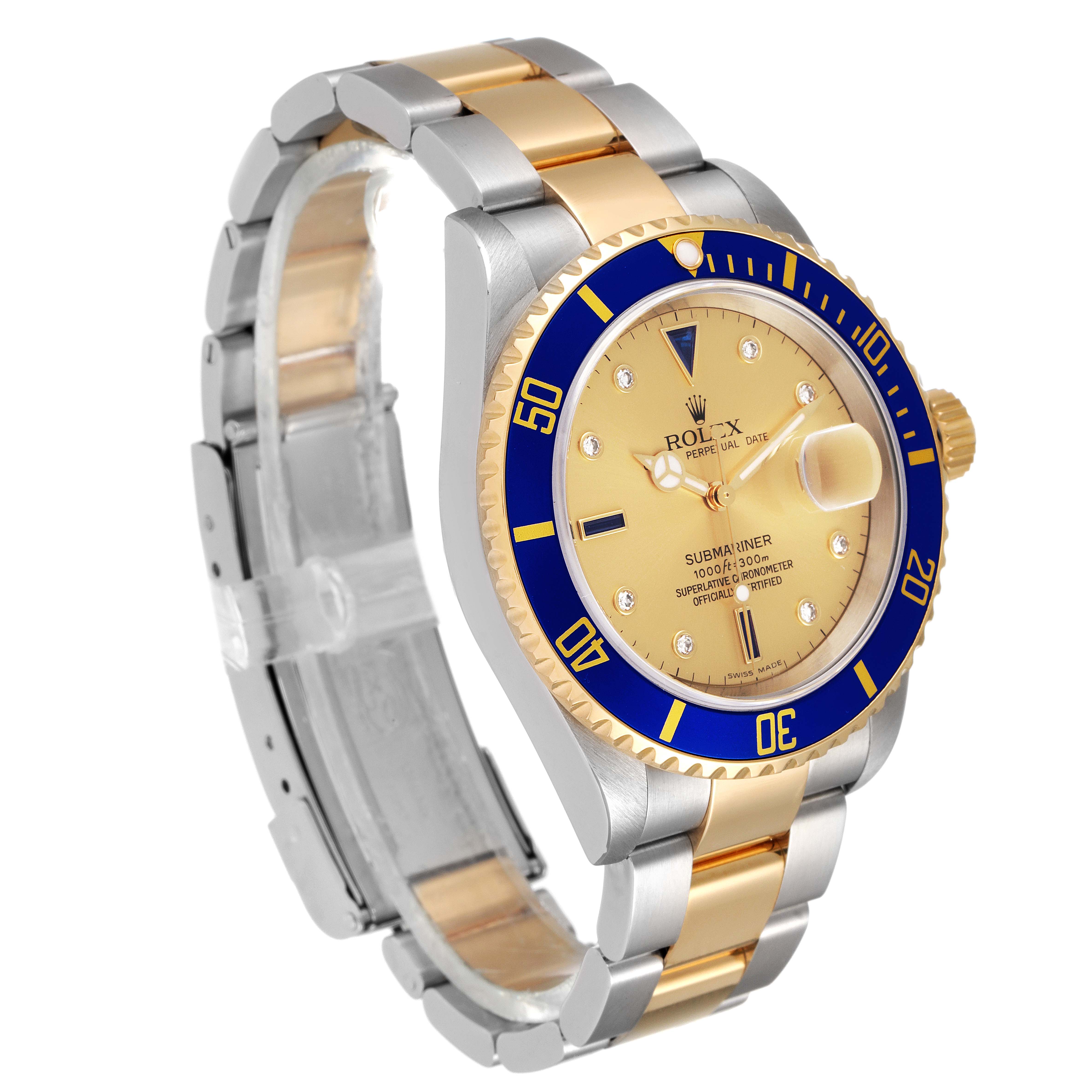 This image shows a Rolex Submariner 16613 Men's Steel and Gold (two tone) Champagne Dial 16613 Men's Steel and Gold (two tone) Champagne Dial watch at a front angle, highlighting its bezel, dial, bracelet, and clasp.