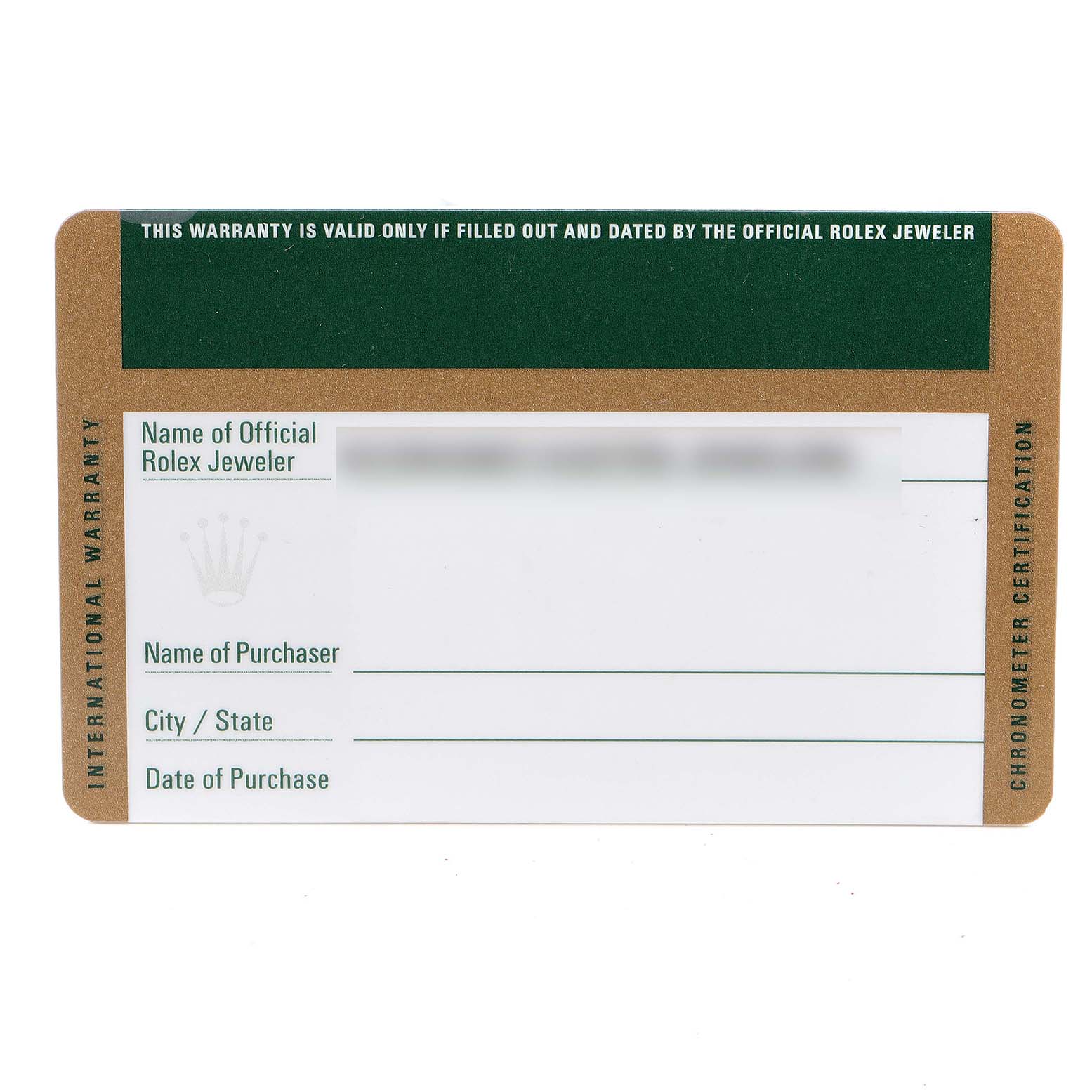 This image shows the warranty card for a Rolex Submariner 16613 Men's Steel and Gold (two tone) Champagne Dial 16613 Men's Steel and Gold (two tone) Champagne Dial watch.