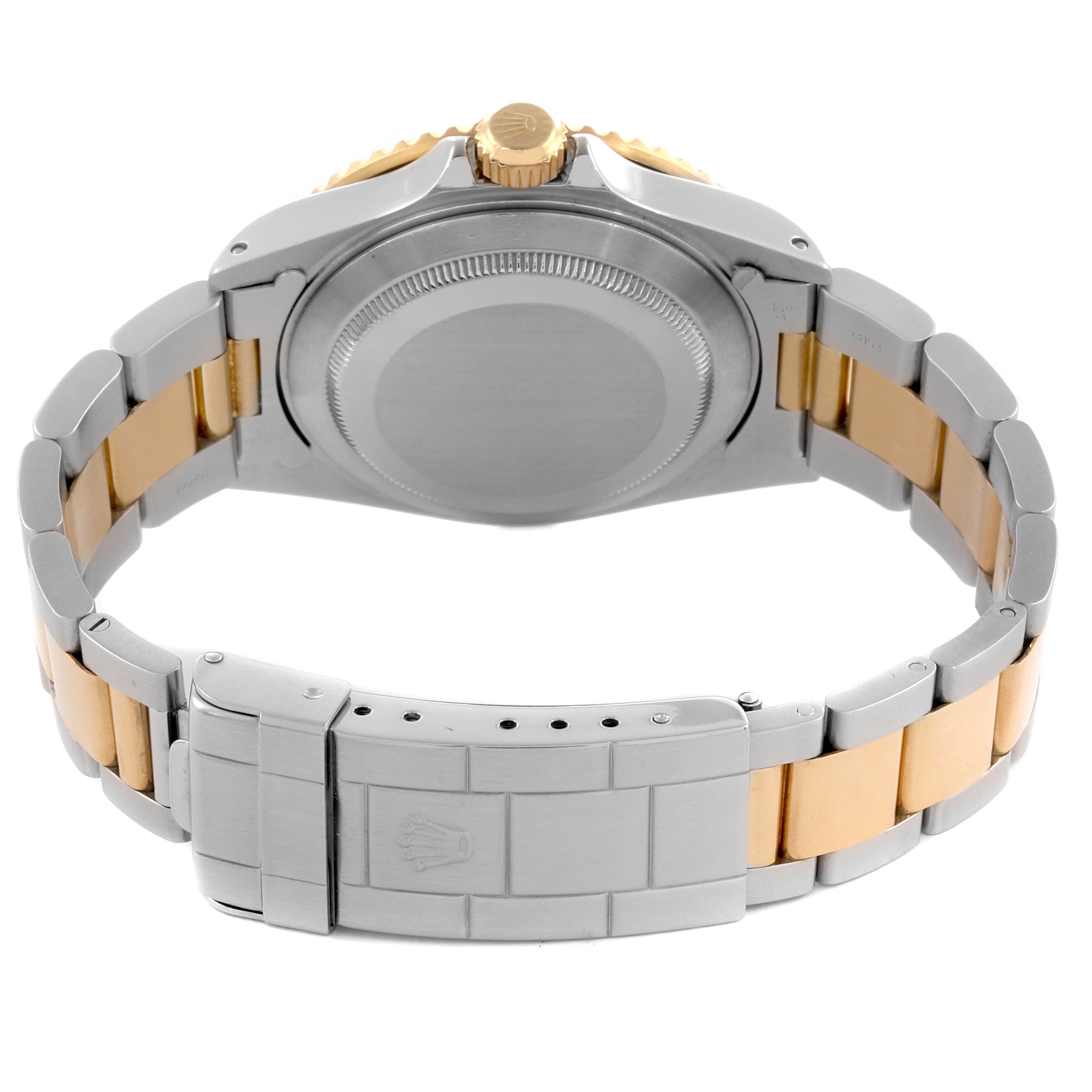 The image shows the back and bracelet of a Rolex Submariner 16613SG Men's Steel and Gold (two tone) Silver Dial 16613SG Men's Steel and Gold (two tone) Silver Dial, highlighting the clasp and case.