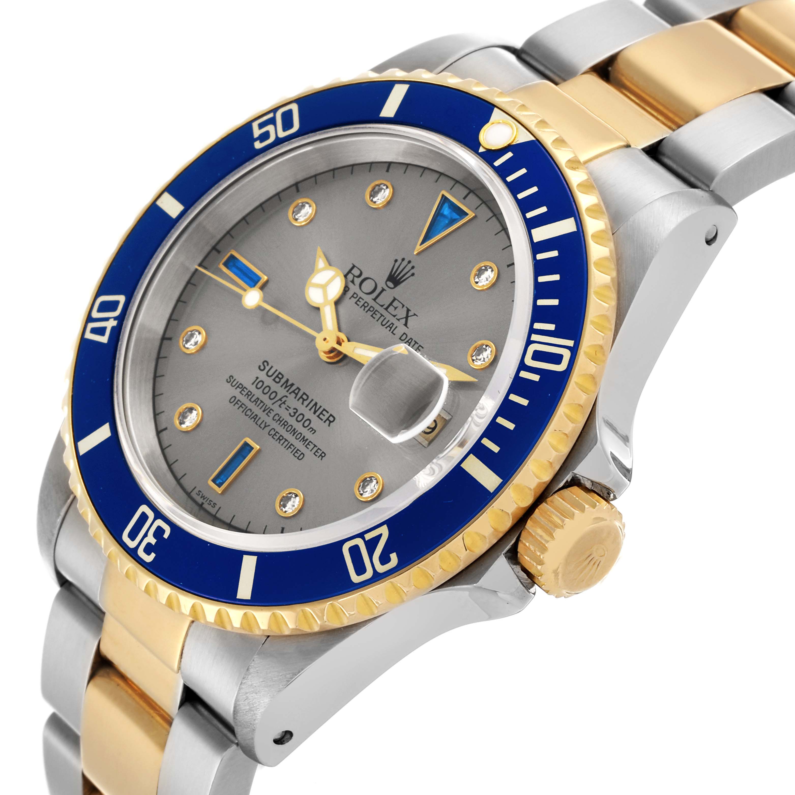 The image shows the Rolex Submariner 16613SG Men's Steel and Gold (two tone) Silver Dial 16613SG Men's Steel and Gold (two tone) Silver Dial watch at an angled side view, highlighting the dial, bezel, crown, and bracelet.