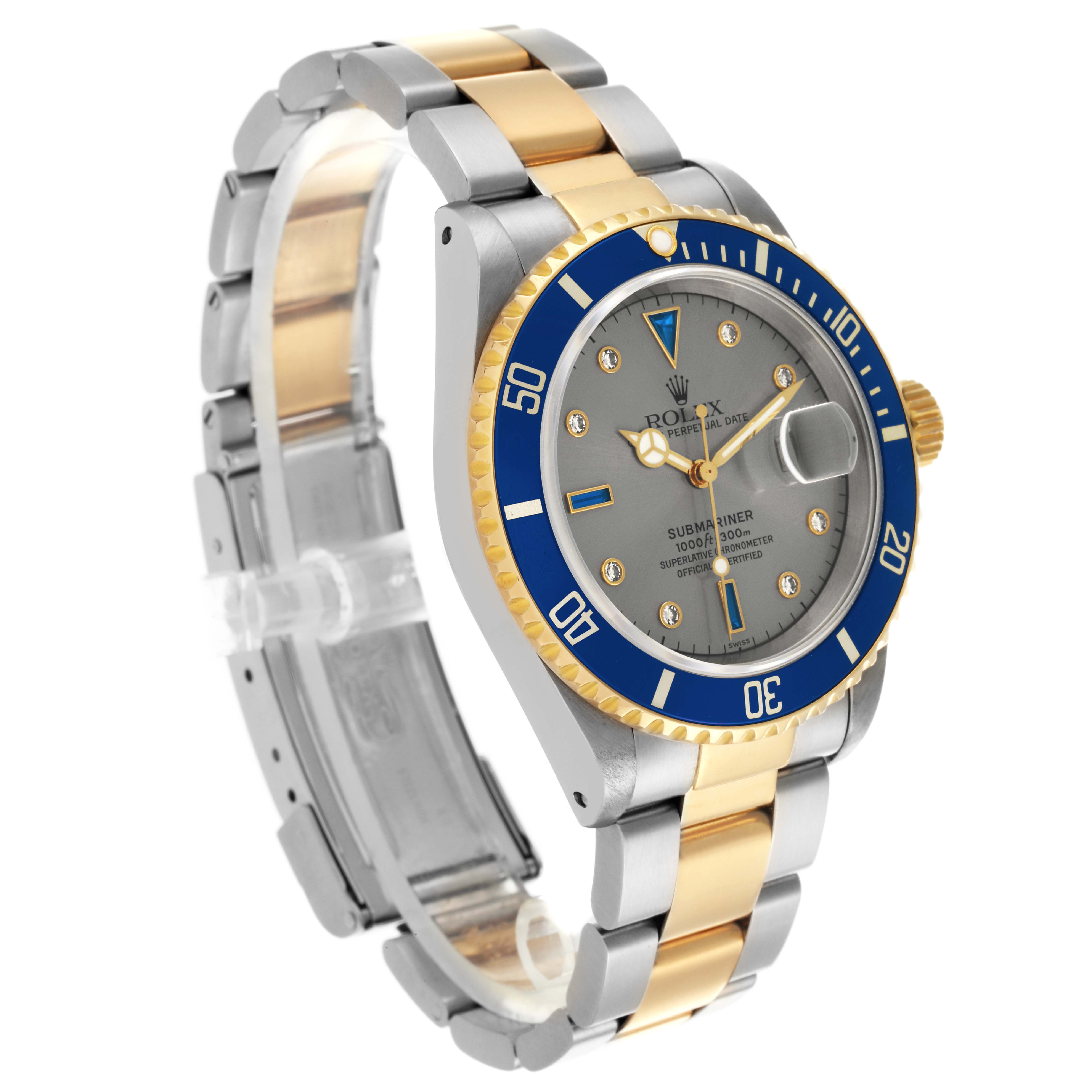 The Rolex Submariner 16613SG Men's Steel and Gold (two tone) Silver Dial 16613SG Men's Steel and Gold (two tone) Silver Dial watch is shown at a three-quarter angle, highlighting the face, bezel, and two-tone bracelet.