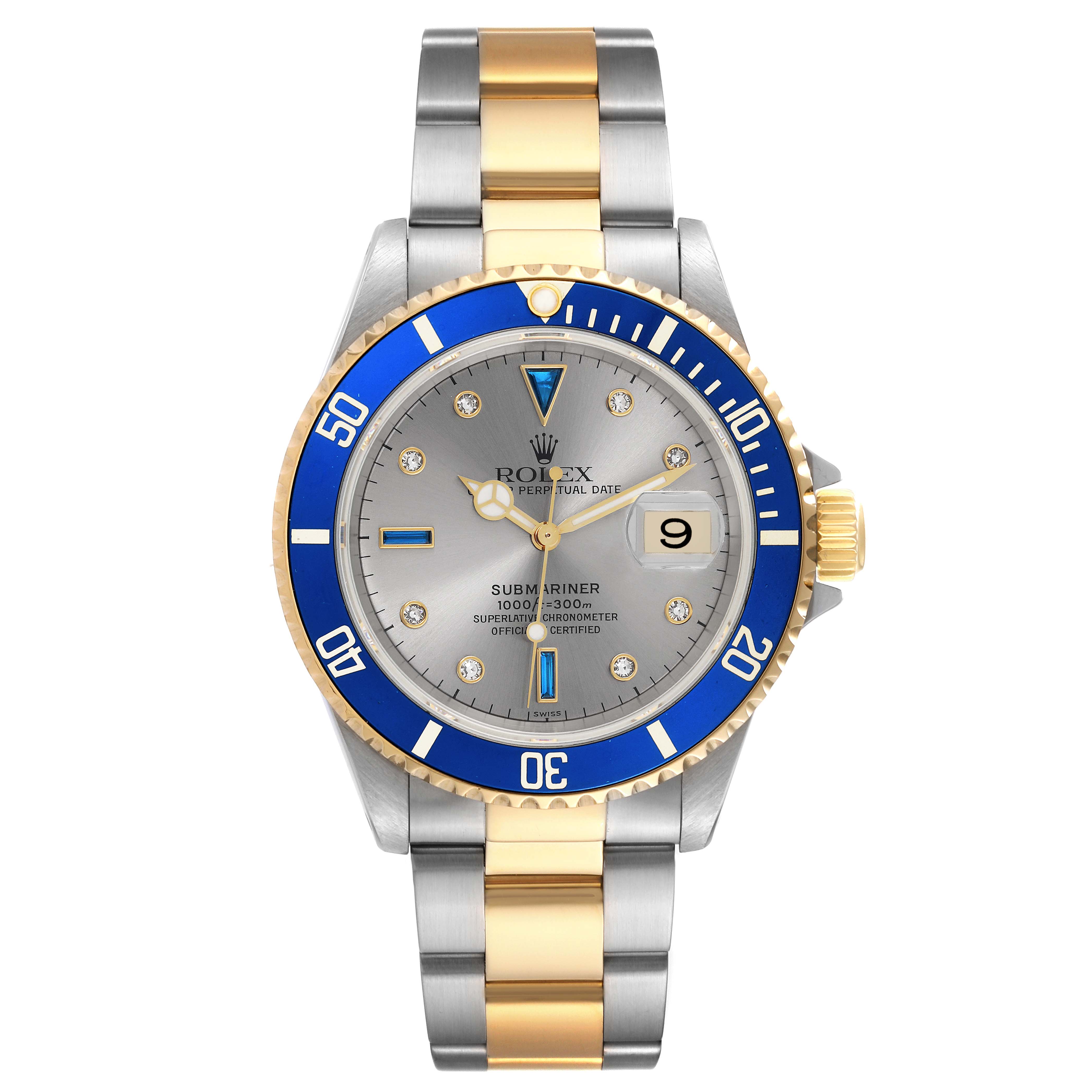 The Rolex Submariner 16613SG Men's Steel and Gold (two tone) Silver Dial 16613SG Men's Steel and Gold (two tone) Silver Dial watch is shown from a front angle, highlighting its dial, bezel, crown, and two-tone bracelet.