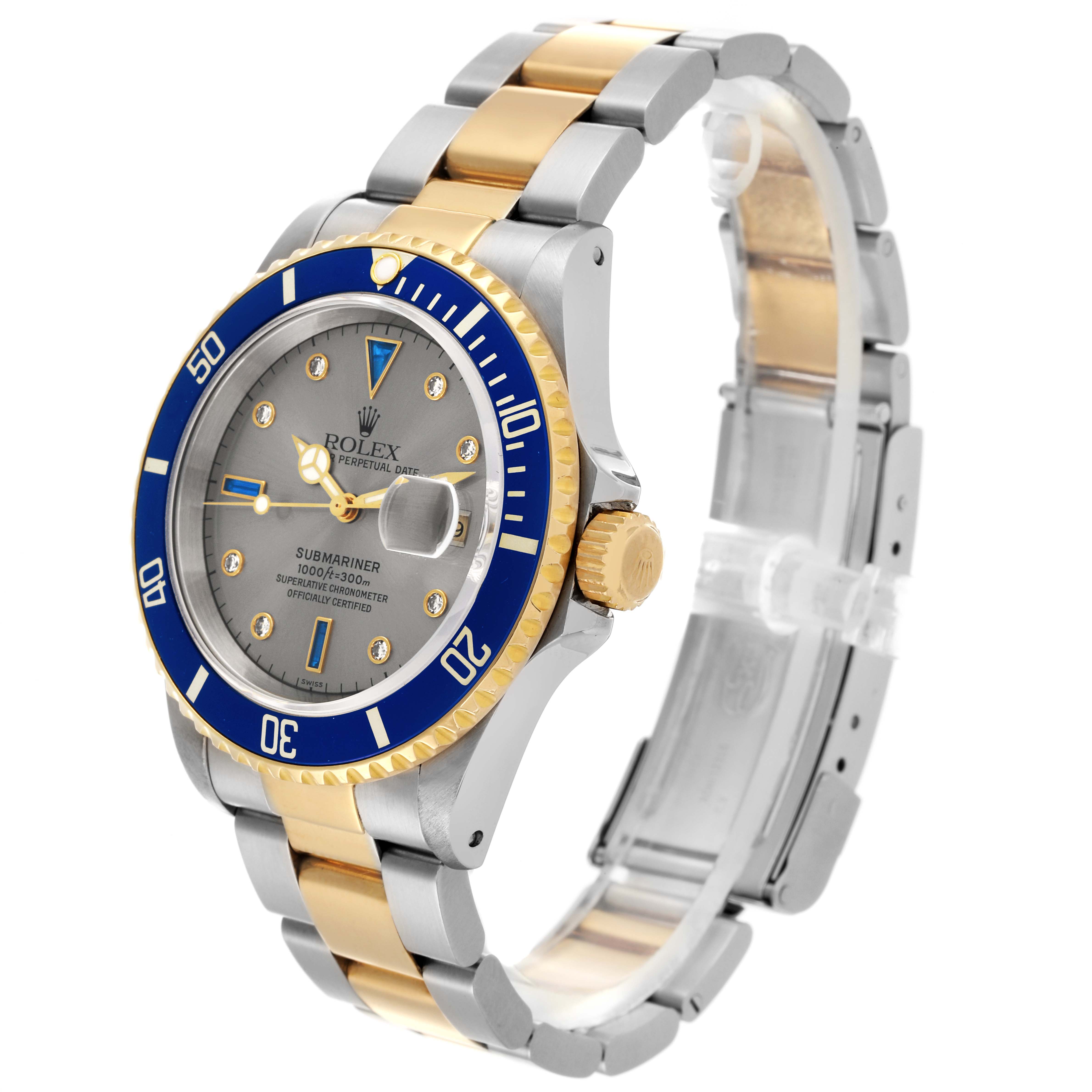 The Rolex Submariner 16613SG Men's Steel and Gold (two tone) Silver Dial 16613SG Men's Steel and Gold (two tone) Silver Dial is shown in a three-quarter angle, highlighting the face, bezel, crown, and bracelet.