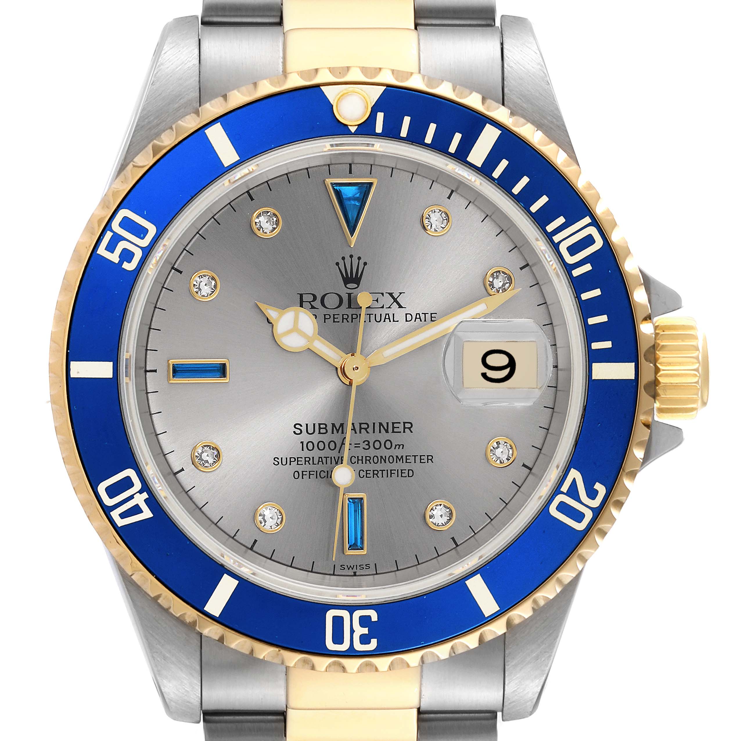 The Rolex Submariner 16613SG Men's Steel and Gold (two tone) Silver Dial 16613SG Men's Steel and Gold (two tone) Silver Dial watch is shown from a frontal angle, highlighting the bezel, dial, hands, and crown.