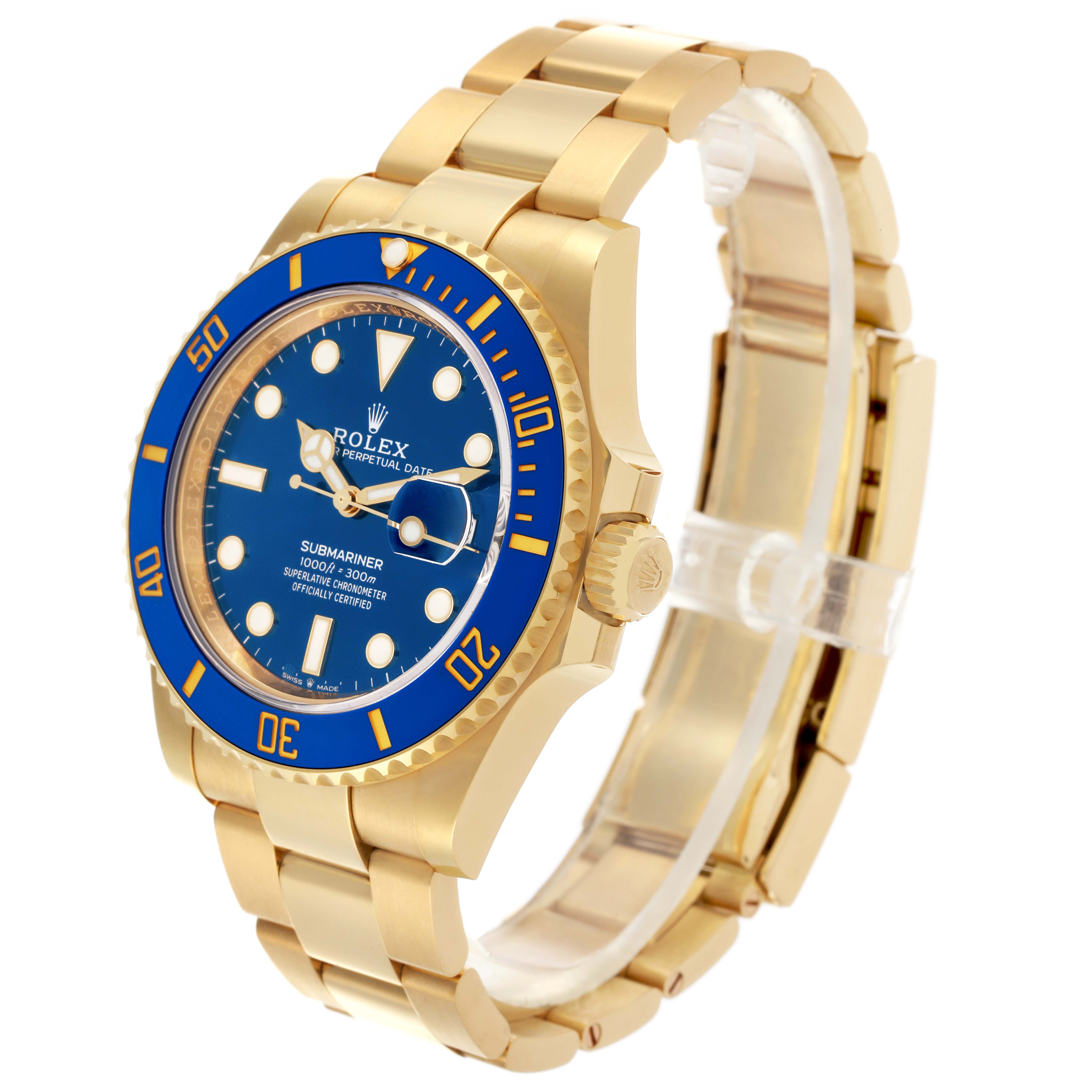 The image shows a Rolex Submariner 126618LB Men's Yellow Gold Blue Dial 126618LB Men's Yellow Gold Blue Dial at a three-quarter angle, highlighting the blue dial, bezel, and gold bracelet.