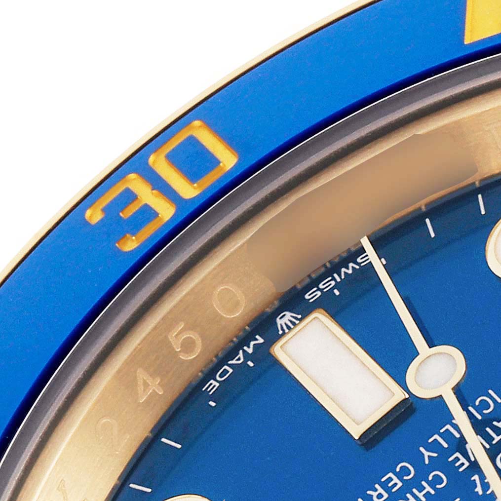 This image shows a close-up of the blue bezel and dial of a Rolex Submariner 126618LB Men's Yellow Gold Blue Dial 126618LB Men's Yellow Gold Blue Dial watch, highlighting the 30-minute mark.