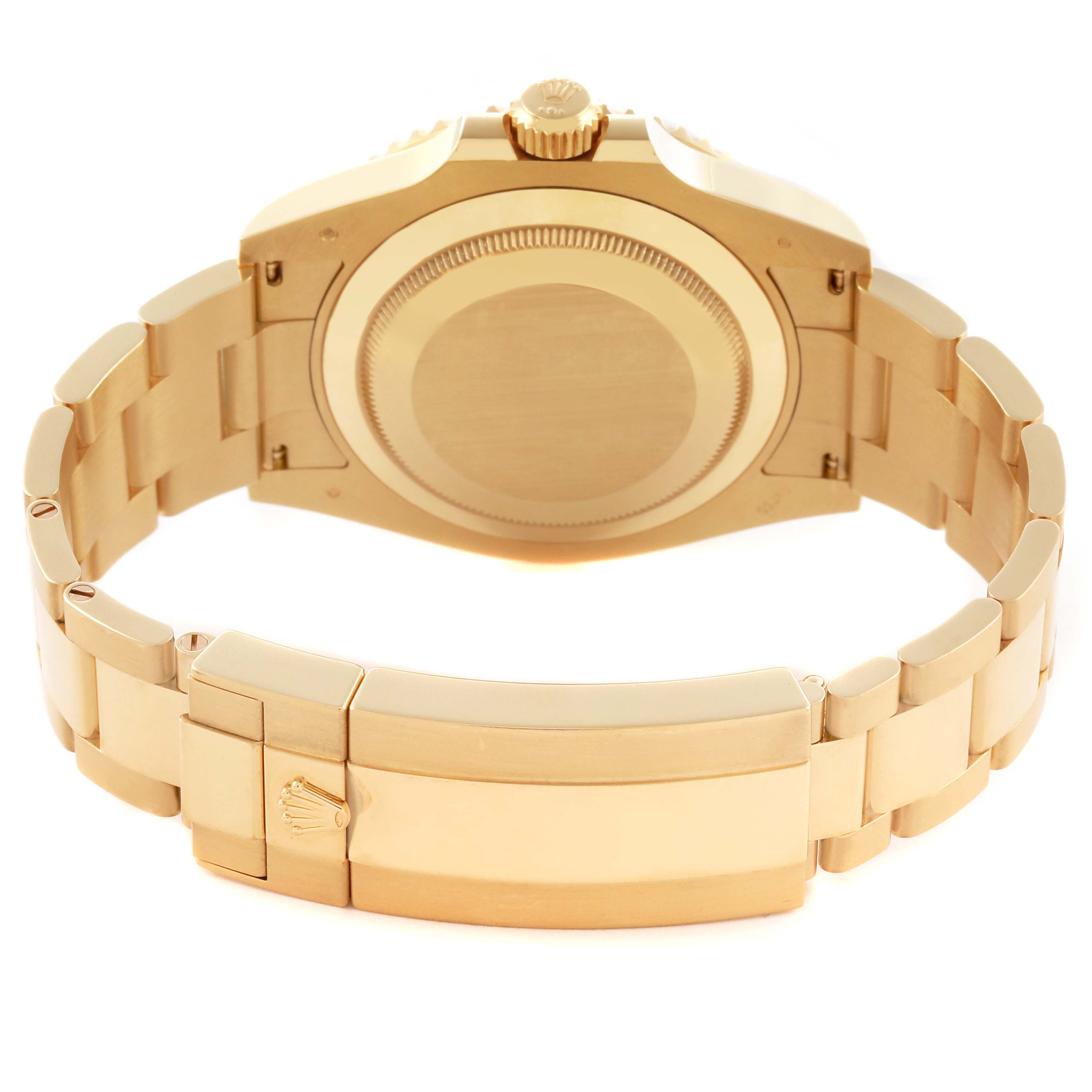 The image shows the back view of a Rolex Submariner 126618LB Men's Yellow Gold Blue Dial 126618LB Men's Yellow Gold Blue Dial, highlighting the case back and bracelet.