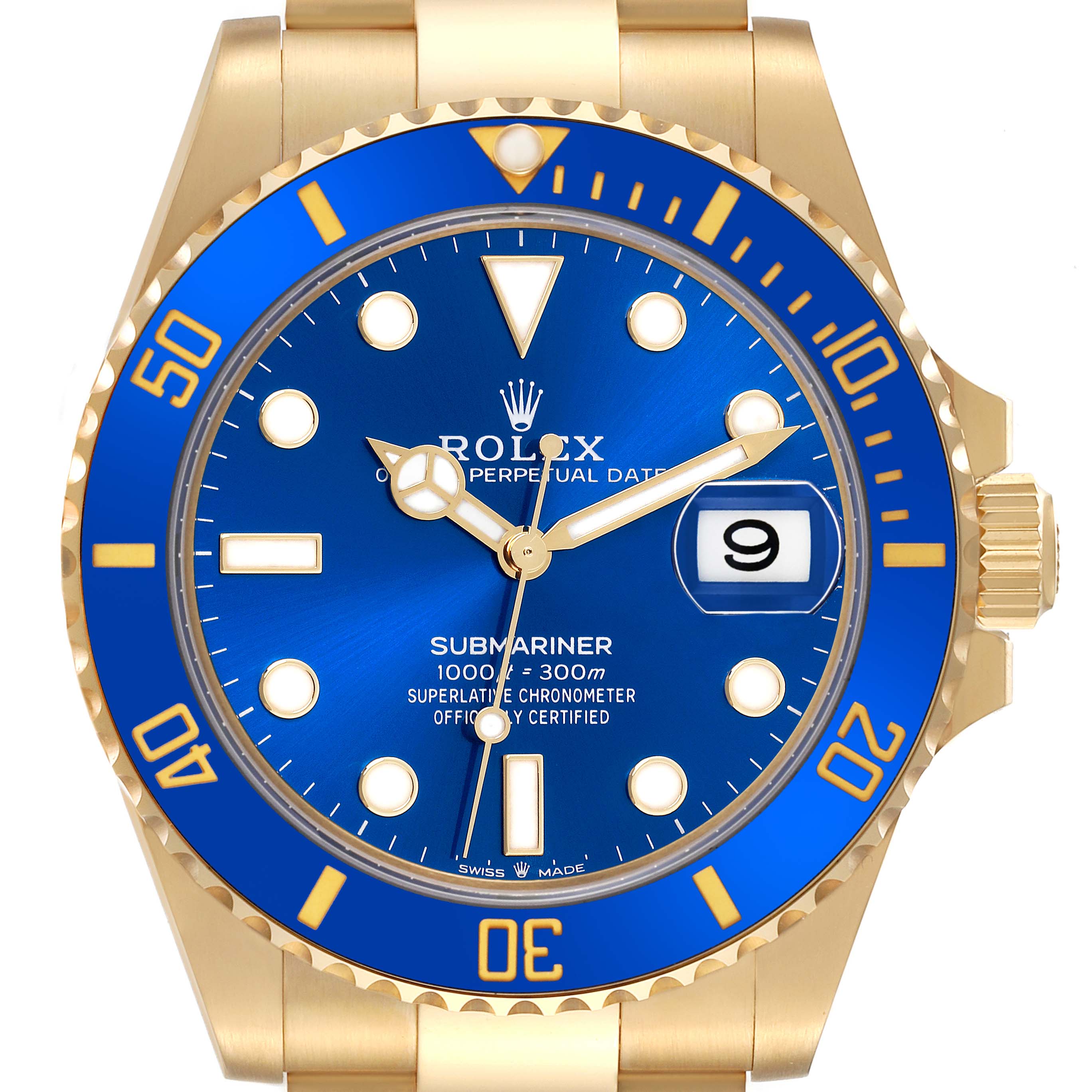 The image shows a front view of the Rolex Submariner 126618LB Men's Yellow Gold Blue Dial 126618LB Men's Yellow Gold Blue Dial watch, highlighting the blue dial, date window, and bezel.