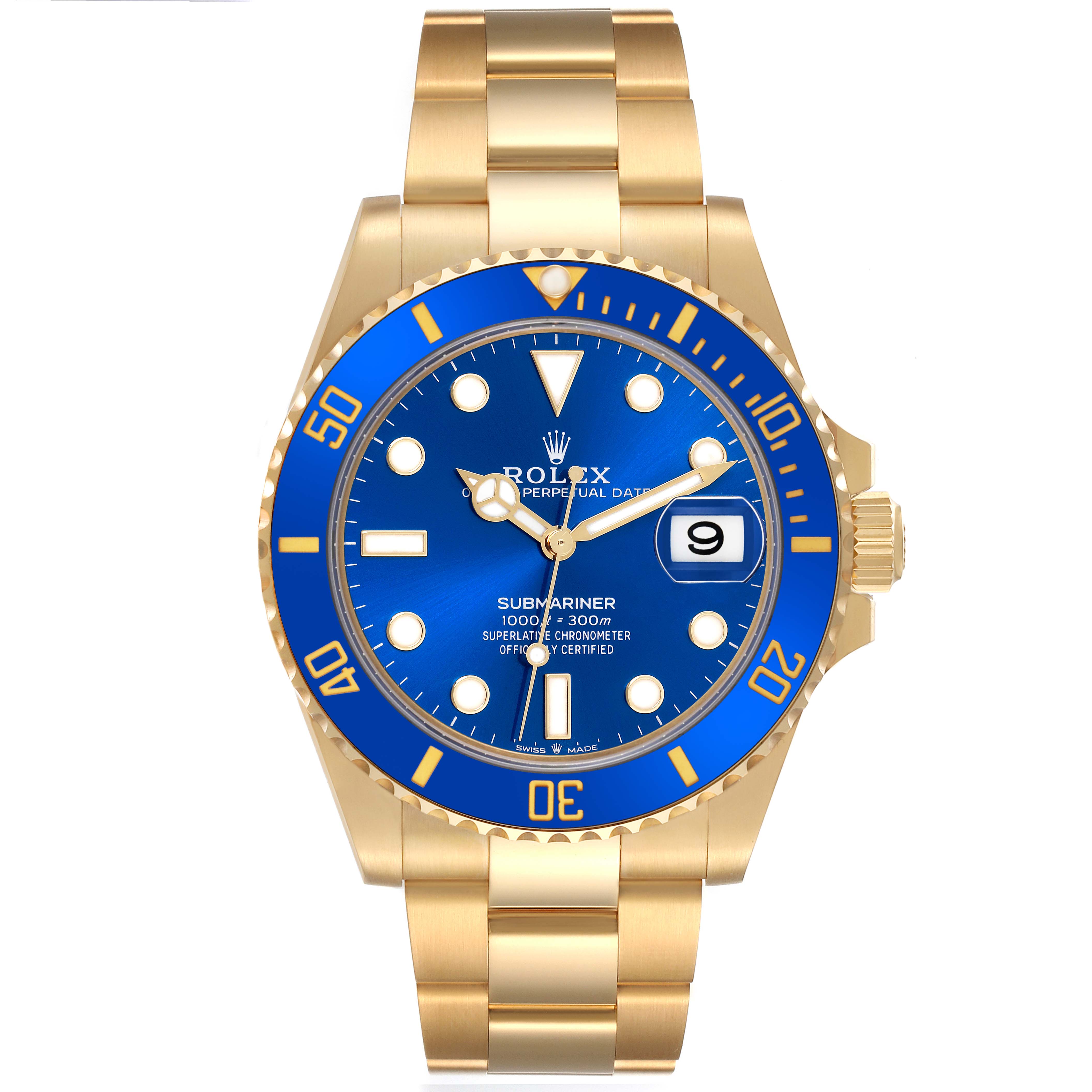 The watch is shown from a front angle, displaying the face, crown, and bracelet of the Rolex Submariner 126618LB Men's Yellow Gold Blue Dial 126618LB Men's Yellow Gold Blue Dial model.