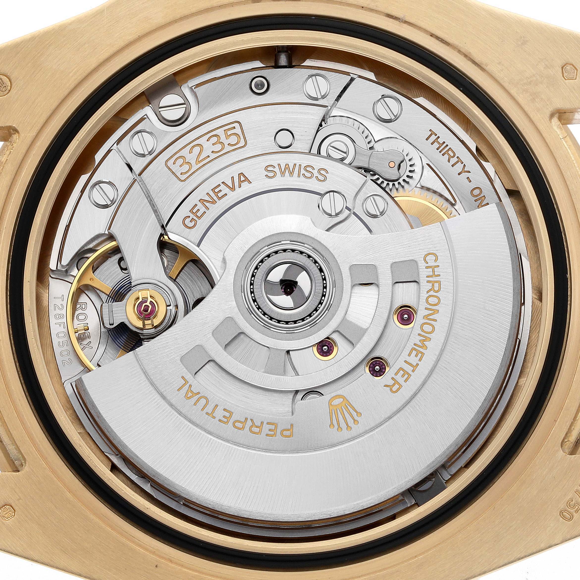 The image shows the movement mechanism of the Rolex Submariner 126618LB Men's Yellow Gold Blue Dial 126618LB Men's Yellow Gold Blue Dial from a top-down angle.