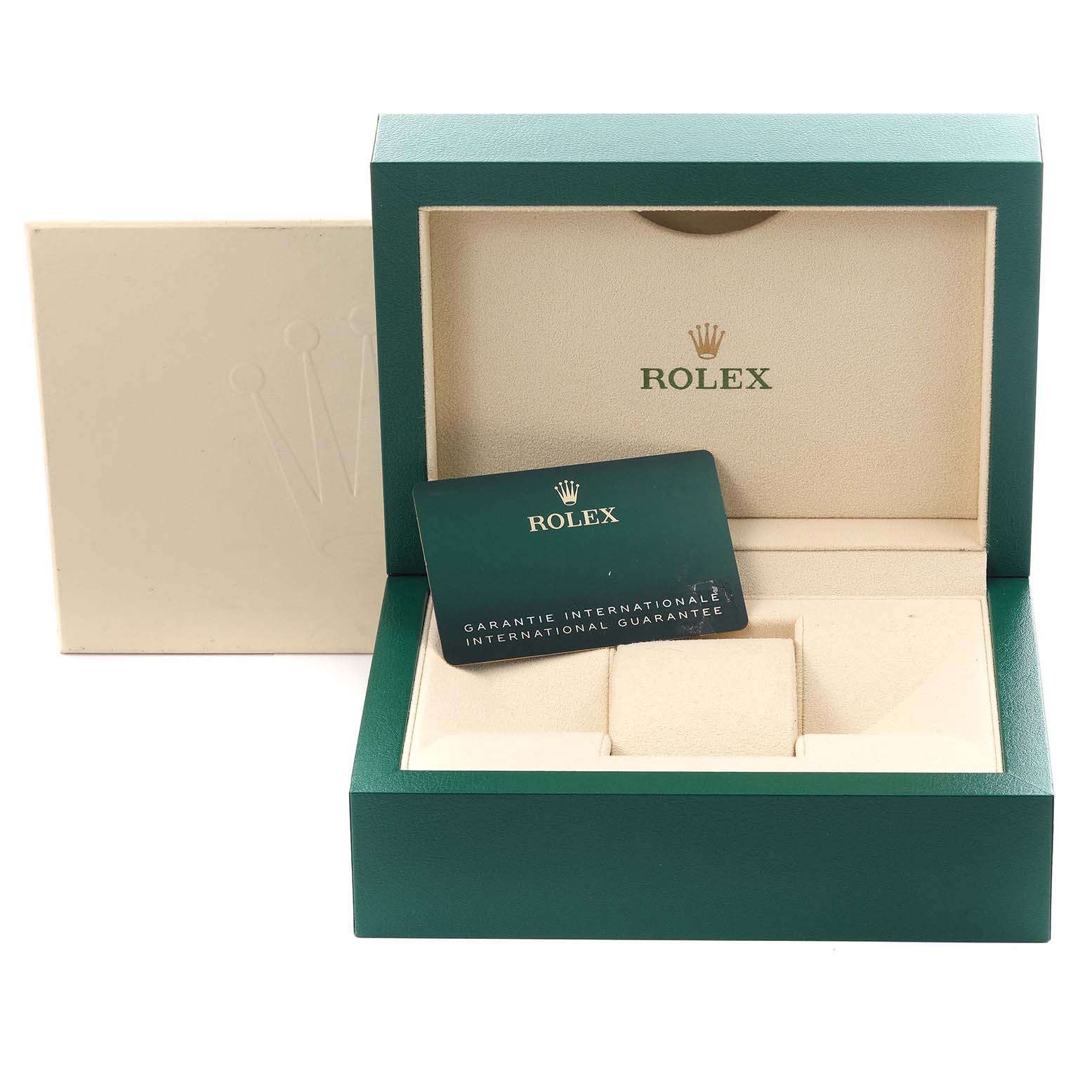 The image shows a Rolex Submariner 126618LB Men's Yellow Gold Blue Dial 126618LB Men's Yellow Gold Blue Dial box and guarantee card viewed from the front.