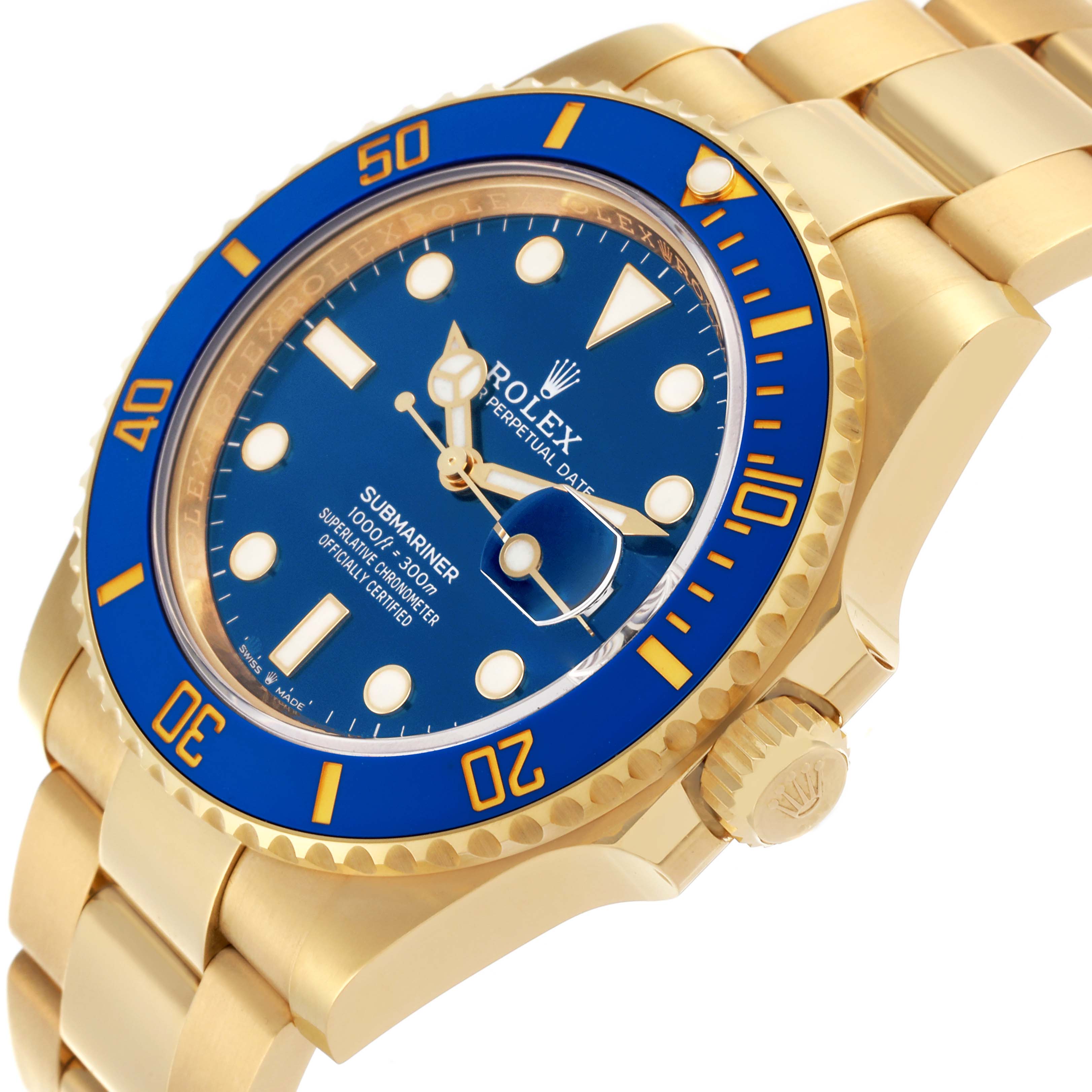 The Rolex Submariner 126618LB Men's Yellow Gold Blue Dial 126618LB Men's Yellow Gold Blue Dial is shown from an angled side view, highlighting the blue dial, bezel, crown, and part of the bracelet.
