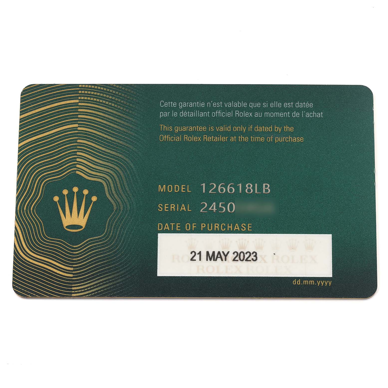 The image shows a warranty card for the Rolex Submariner 126618LB Men's Yellow Gold Blue Dial 126618LB Men's Yellow Gold Blue Dial model 126618LB.