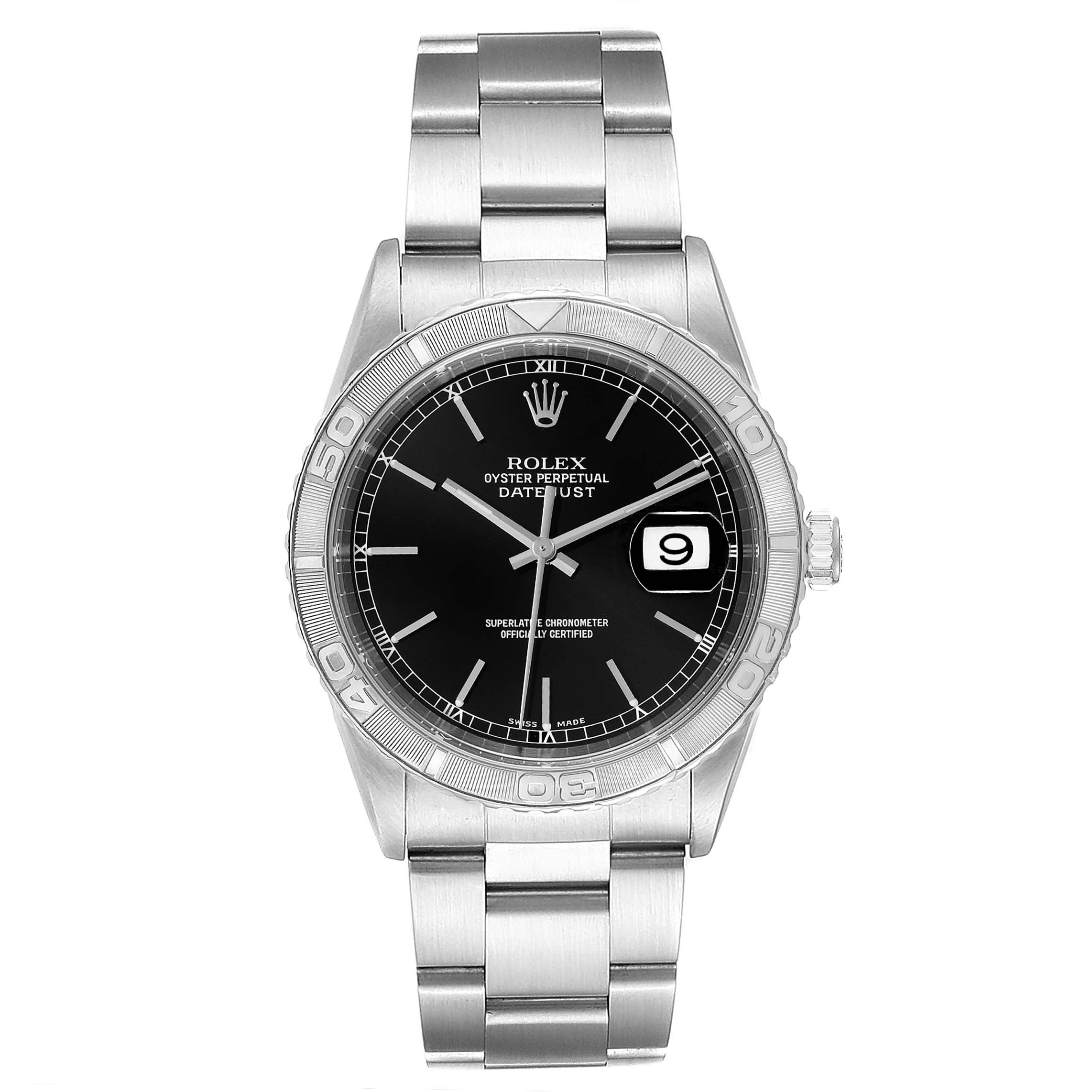 The Rolex Turn-o-Graph 16264 Men's Stainless Steel Black Dial 16264 Men's Stainless Steel Black Dial watch is shown from a top-down angle, displaying its dial, bezel, bracelet, and date window.