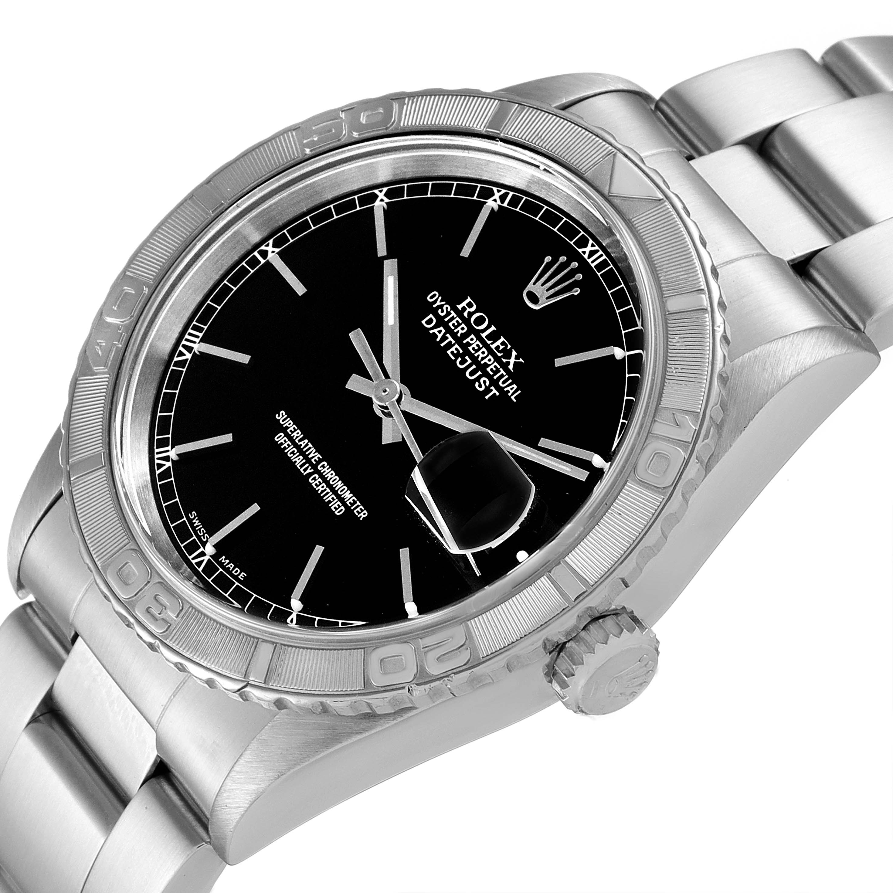 The Rolex Turn-o-Graph 16264 Men's Stainless Steel Black Dial 16264 Men's Stainless Steel Black Dial watch is shown at an oblique angle, detailing the bezel, crown, bracelet, and black dial.