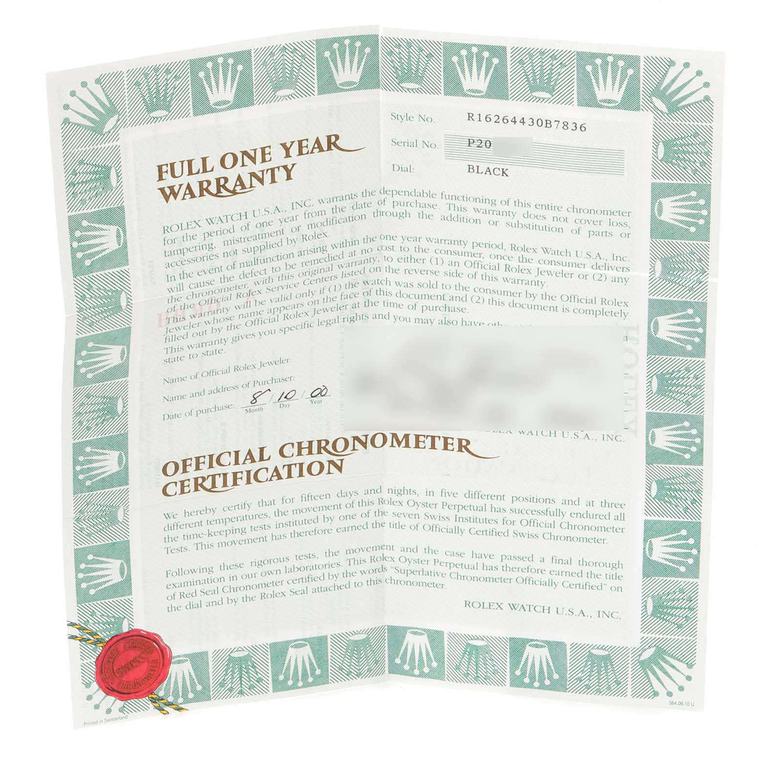 This image shows the warranty and official chronometer certification for a Rolex Turn-o-Graph 16264 Men's Stainless Steel Black Dial 16264 Men's Stainless Steel Black Dial watch.